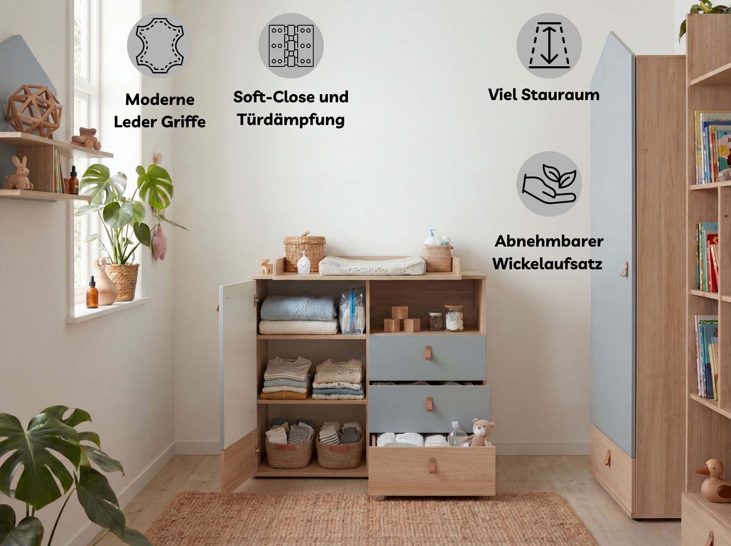 arthur berndt Babyzimmer-Komplettset Roofy, (Spar-Set, 2-tlg., Kinderbett, Wickelkommode), Soft-Close Funktion, Türdämpfung, Ledergriffe
