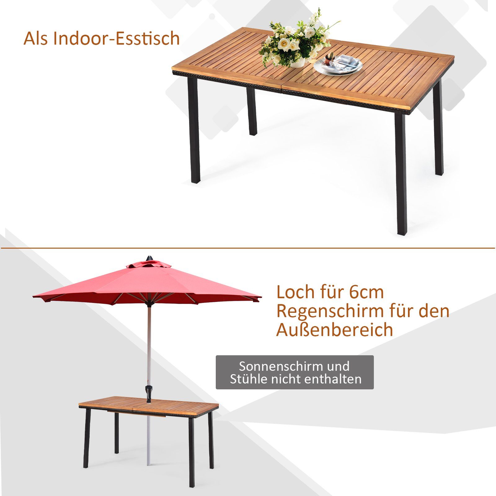 COSTWAY Gartentisch, mit Schirmloch, Esstisch für 6-8 Personen, Holz