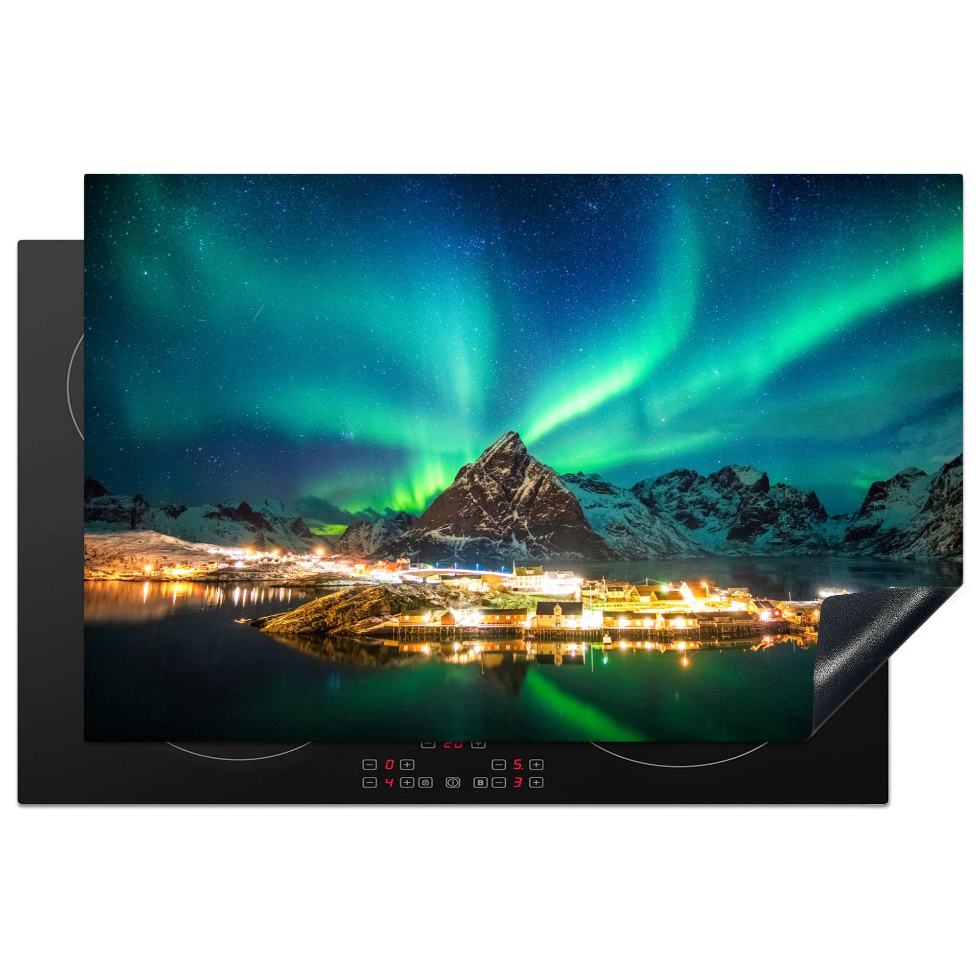 MuchoWow Herdblende-/Abdeckplatte Nordlicht - Lichter - Berg - Norwegen, Vinyl, (1 tlg), 81x52 cm, Induktionskochfeld Schutz für die küche, Ceranfeldabdeckung