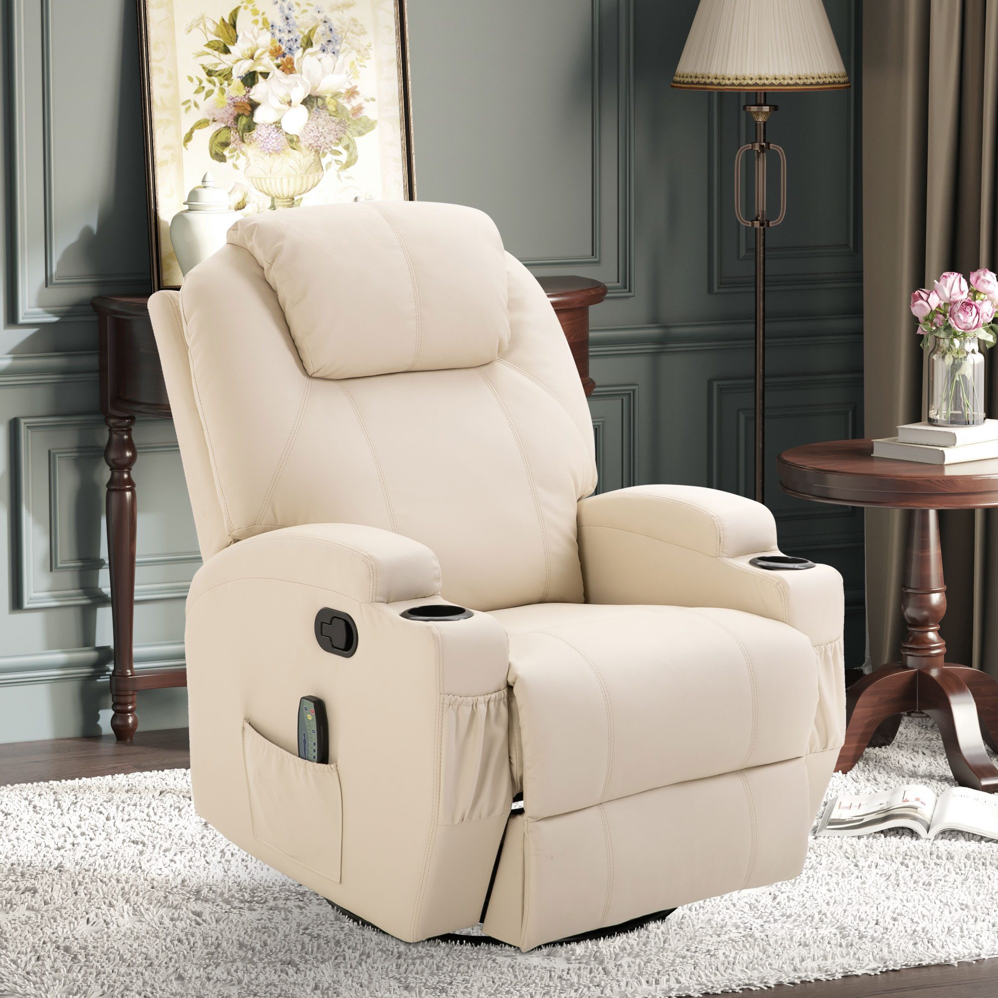 HOMCOM Massagesessel Elektrisch TV Sessel mit Liegefunktion Aufstehhilfe bis 160kg (Set, 1-St., Massagesessel), für Wohnzimmer, Cremeweiß