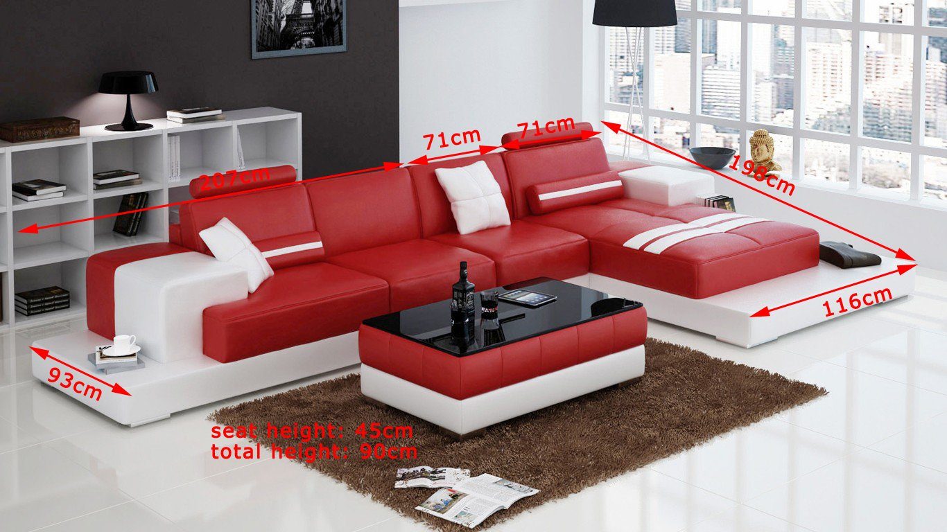 JVmoebel Ecksofa, Wohnlandschaft Ecksofa Sofa Couch Polster Leder Eck Sofas L Form Rot/Weiß