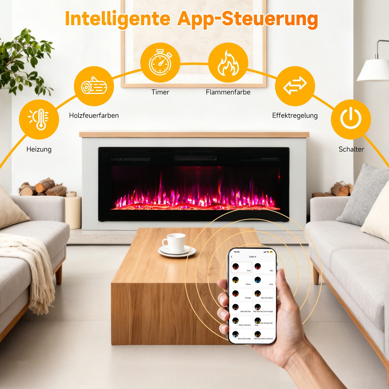 HOMAVO Elektrokamin mit Schrank, 50" 1000/2000W Elektrokamin mit Heizung, 3D-Flammeneffekt, Schrankgröße: 150 x 30 x 60 cm, Fernbedienung & App-Steuerung