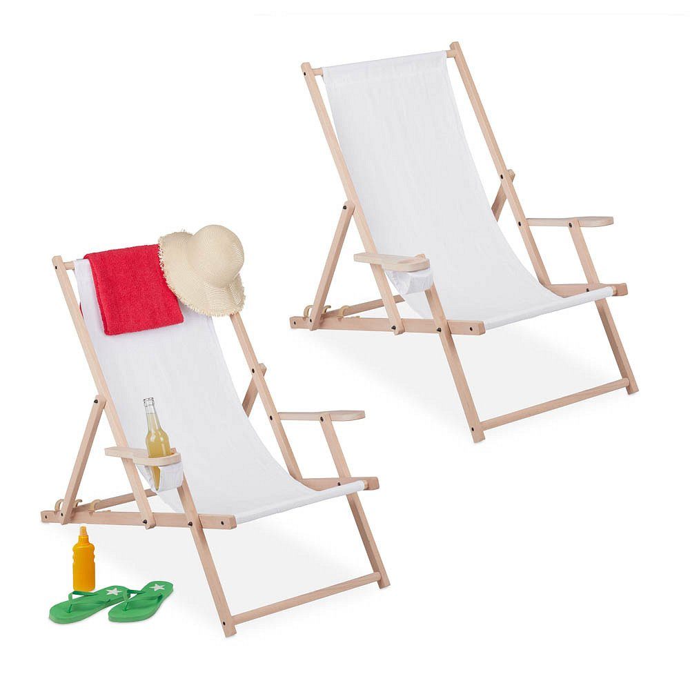 relaxdays Gartenliege 2 Liegestühle mit Armlehnen aus Holz klappbar weiß