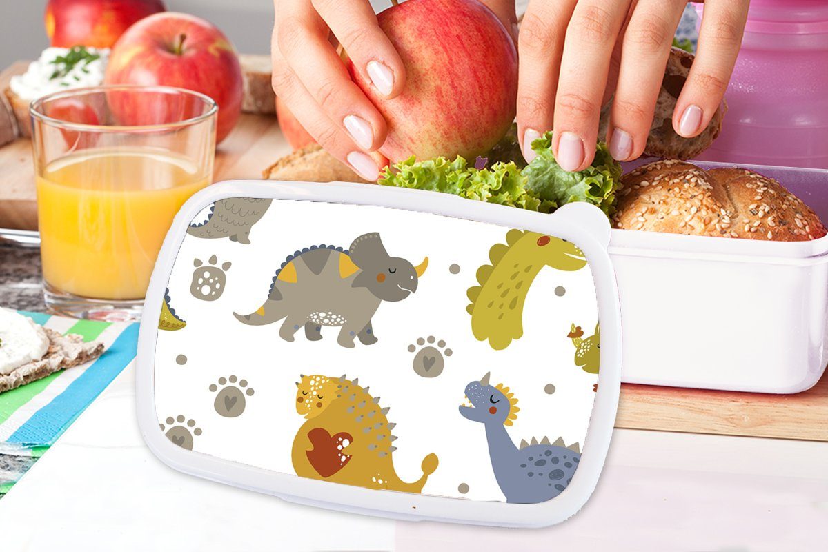 Kinder, für weiß Kinder Brotbox MuchoWow - Kunststoff, - Dinosaurier - Brotdose, Mädchen (2-tlg), für Erwachsene, und Jungs Lunchbox Design Mädchen Kinder - Jungen und -