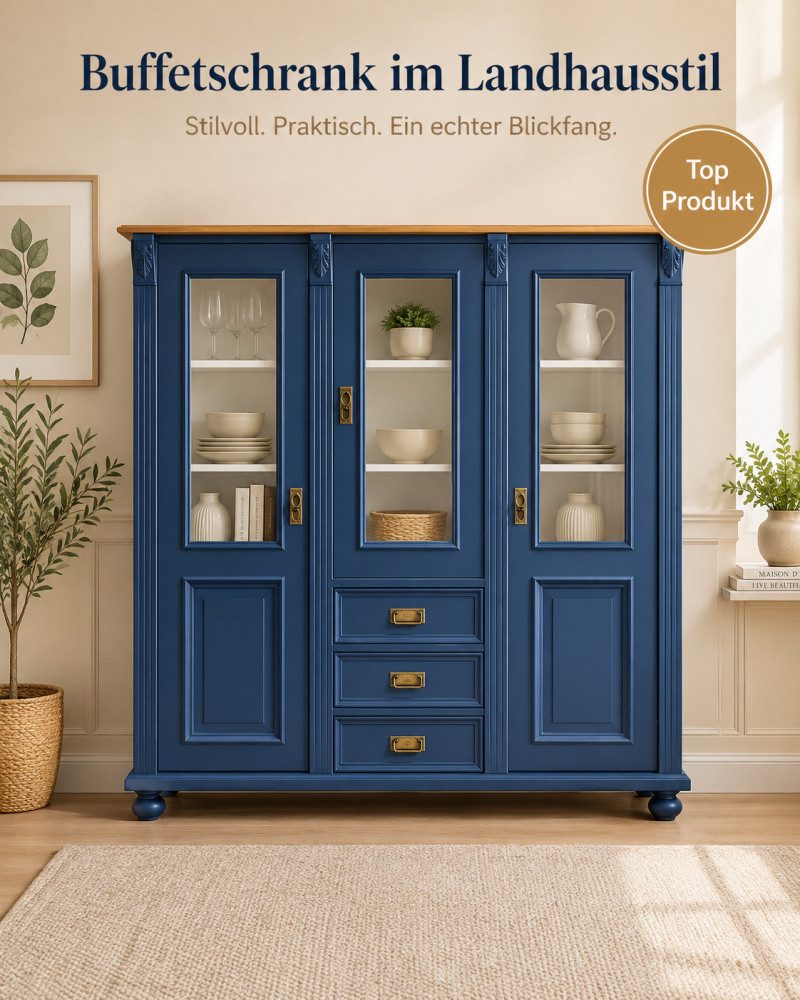 Wohnpalast Buffet Premium Jugendstil Vitrine aus Weichholz – Landhaus-Stil, Azurblau lac
