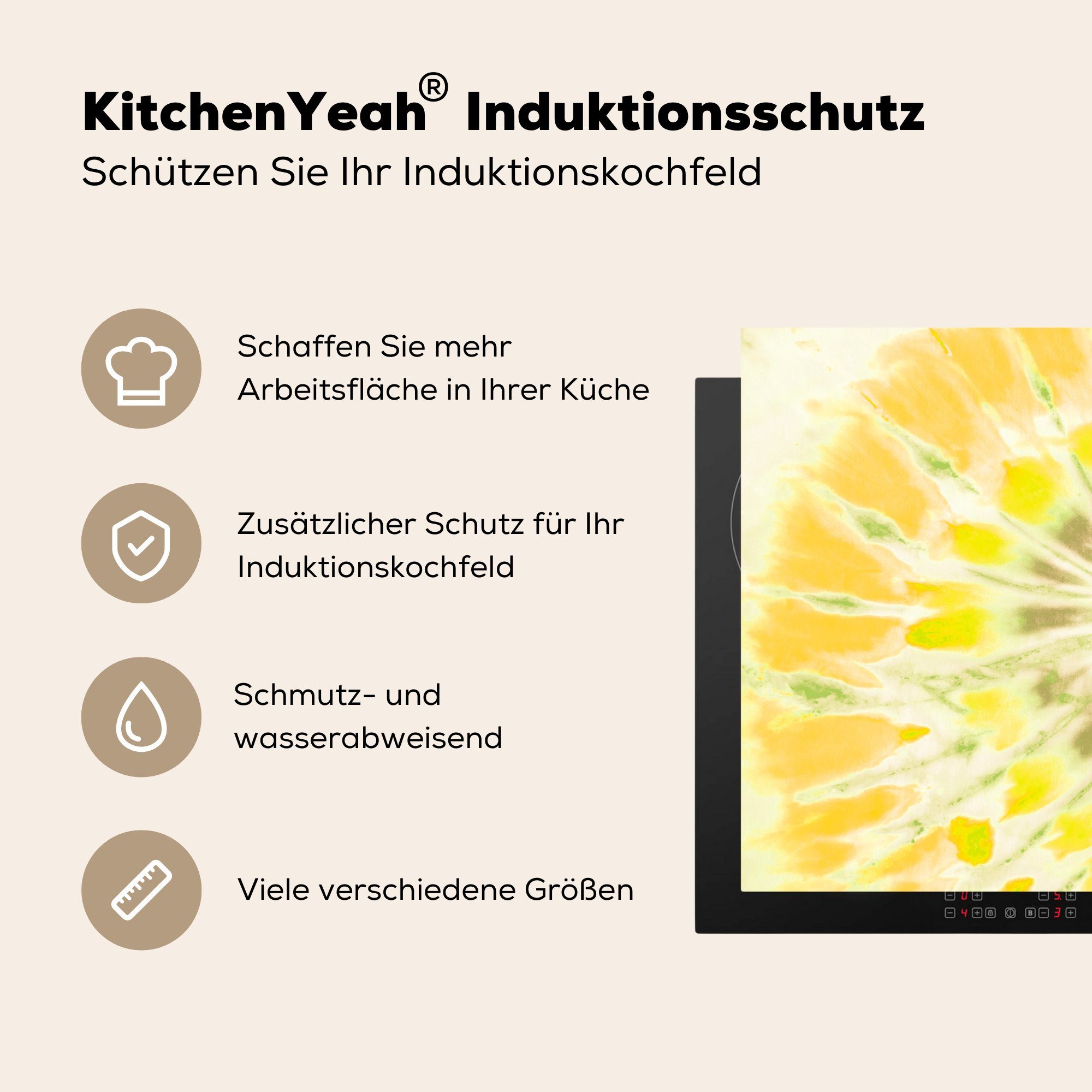 Grün, küche, für Induktionskochfeld die (1 - Tie tlg), Vinyl, Schutz Sommer Herdblende-/Abdeckplatte Gelb Dye 81x52 Ceranfeldabdeckung cm, MuchoWow - -