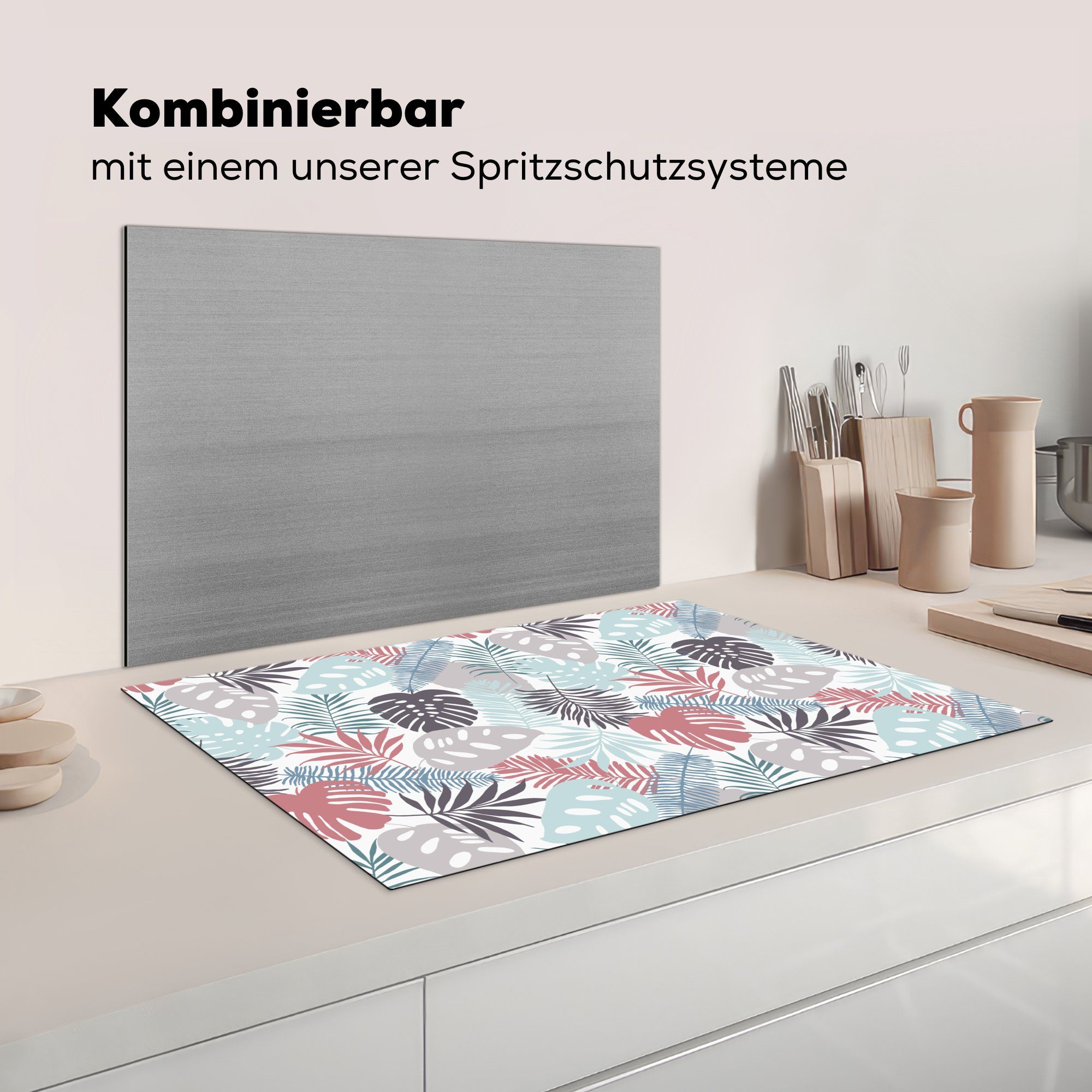 Induktionskochfeld 81x52 Blätter Vinyl, für Schutz Pastell Herdblende-/Abdeckplatte - Ceranfeldabdeckung - tlg), cm, - die Tropisch, (1 MuchoWow Dschungel küche,