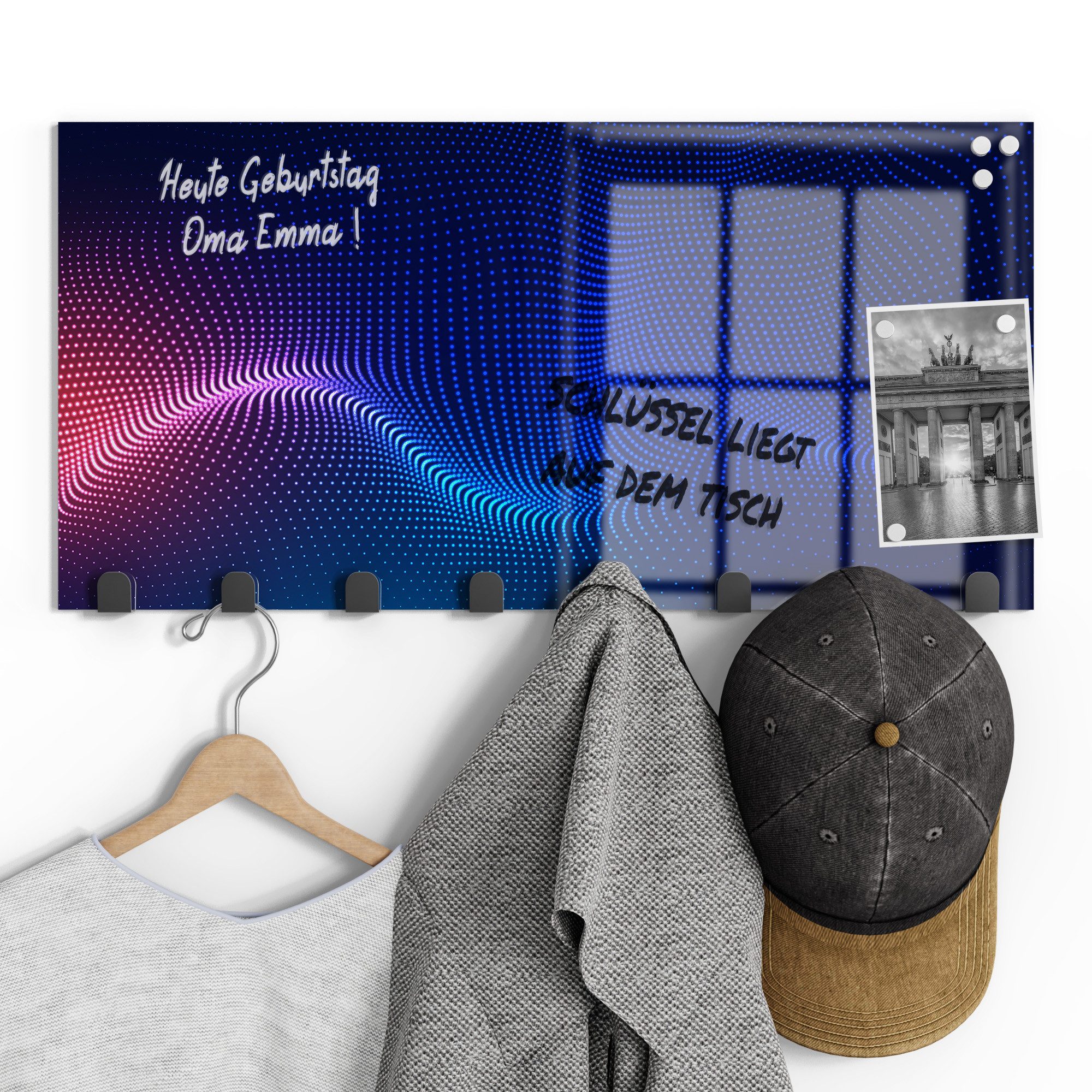 DEQORI Kleiderhaken 'Digitale Lichtwellen', Glas Garderobe Paneel magnetisch beschreibbar