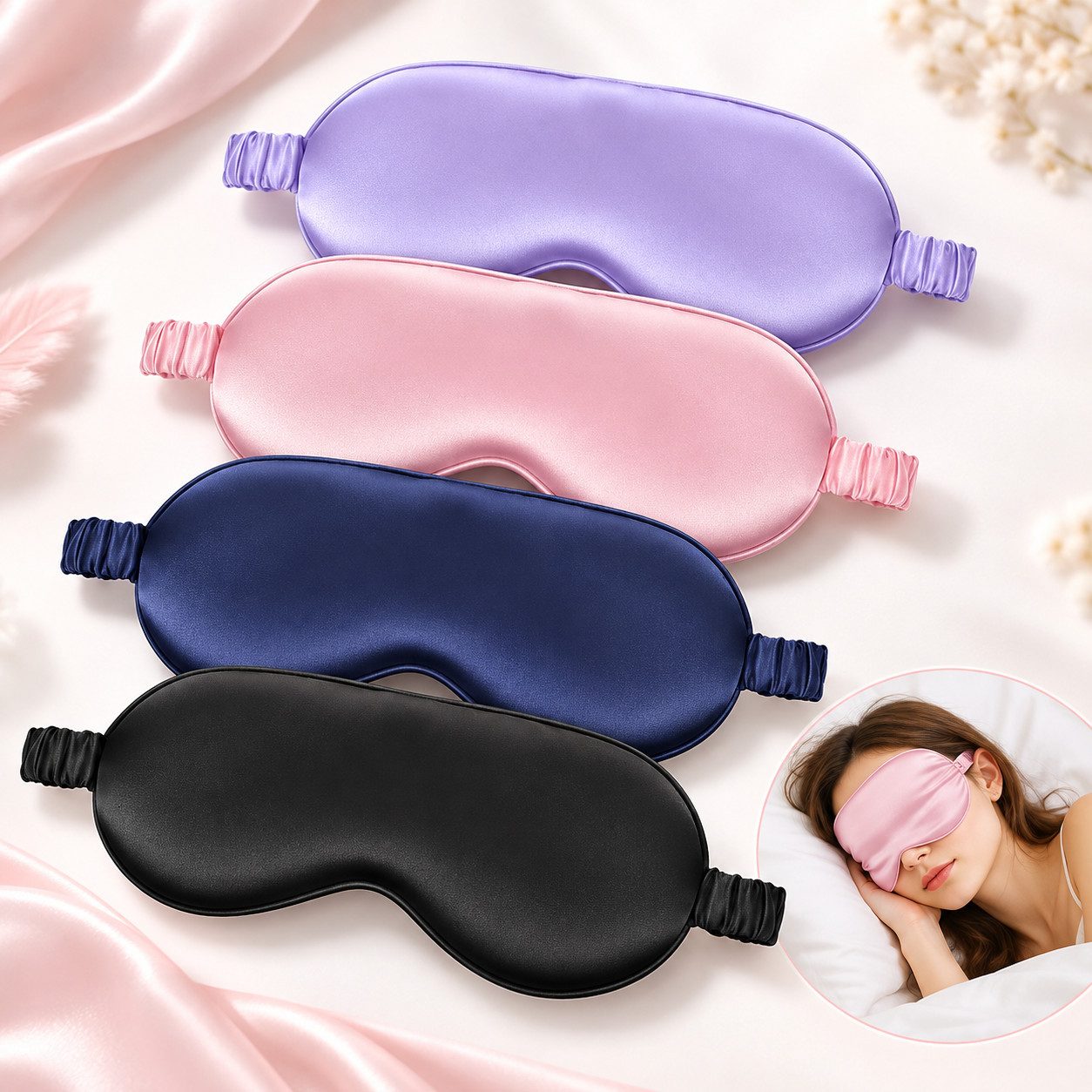 VEKROBOT Schlafmaske 4er Set weiche Seiden-Schlafmasken, verstellbar für erholsamen Schlaf, set, 1-tlg., Lichtundurchlässige atmungsaktive Schlafmaske, Kein Druck auf die Augen, keine Spannung an den Ohren