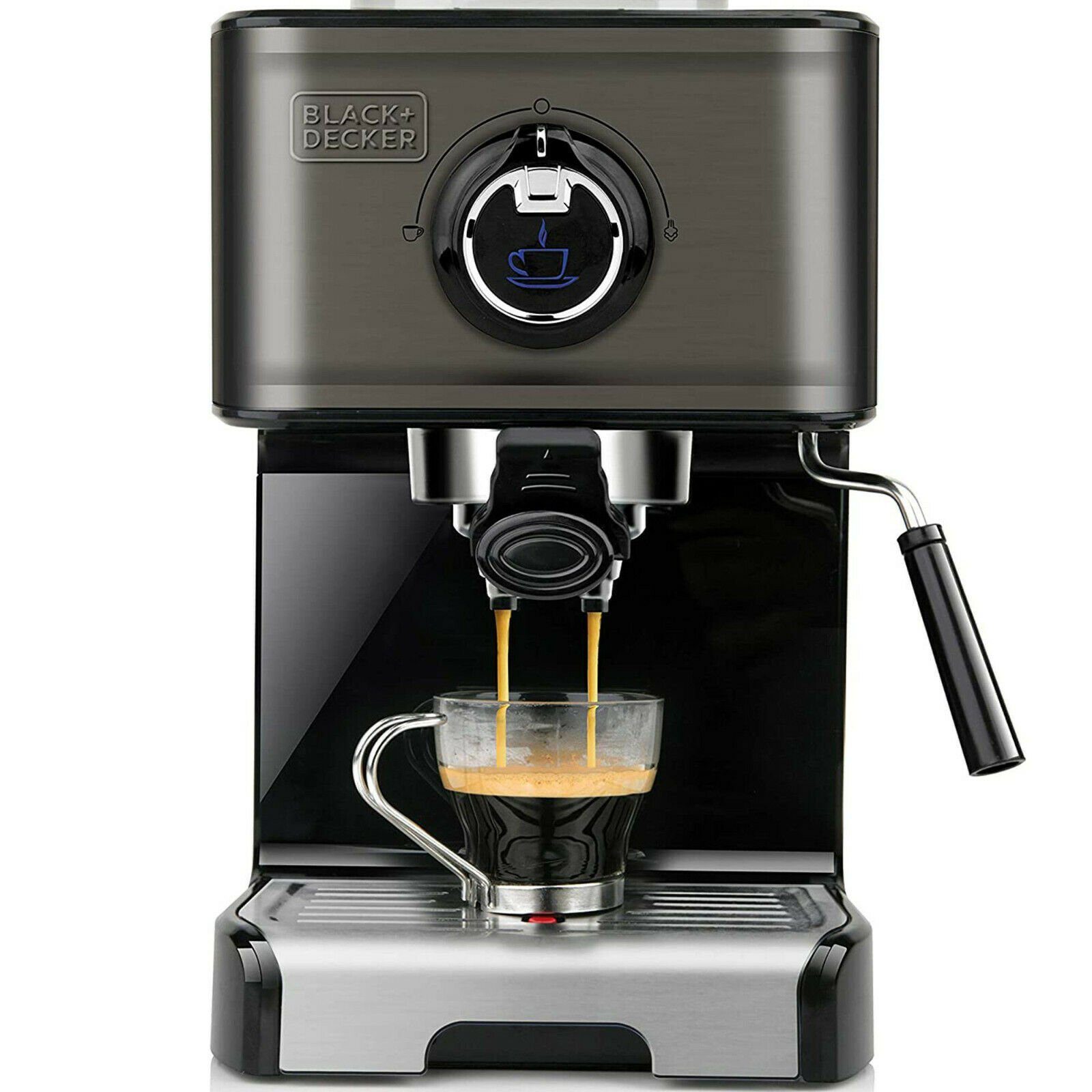 Black & Decker Espressomaschine BXCO1, Black + Decker Espressomaschine,  15Bar Pumpendruck, 1200Watt, hermoblock-Schnellerhitzung, Milchaufschäumer,  gemahlener Kaffee oder Kaffepads, Edelstahl, schwarz