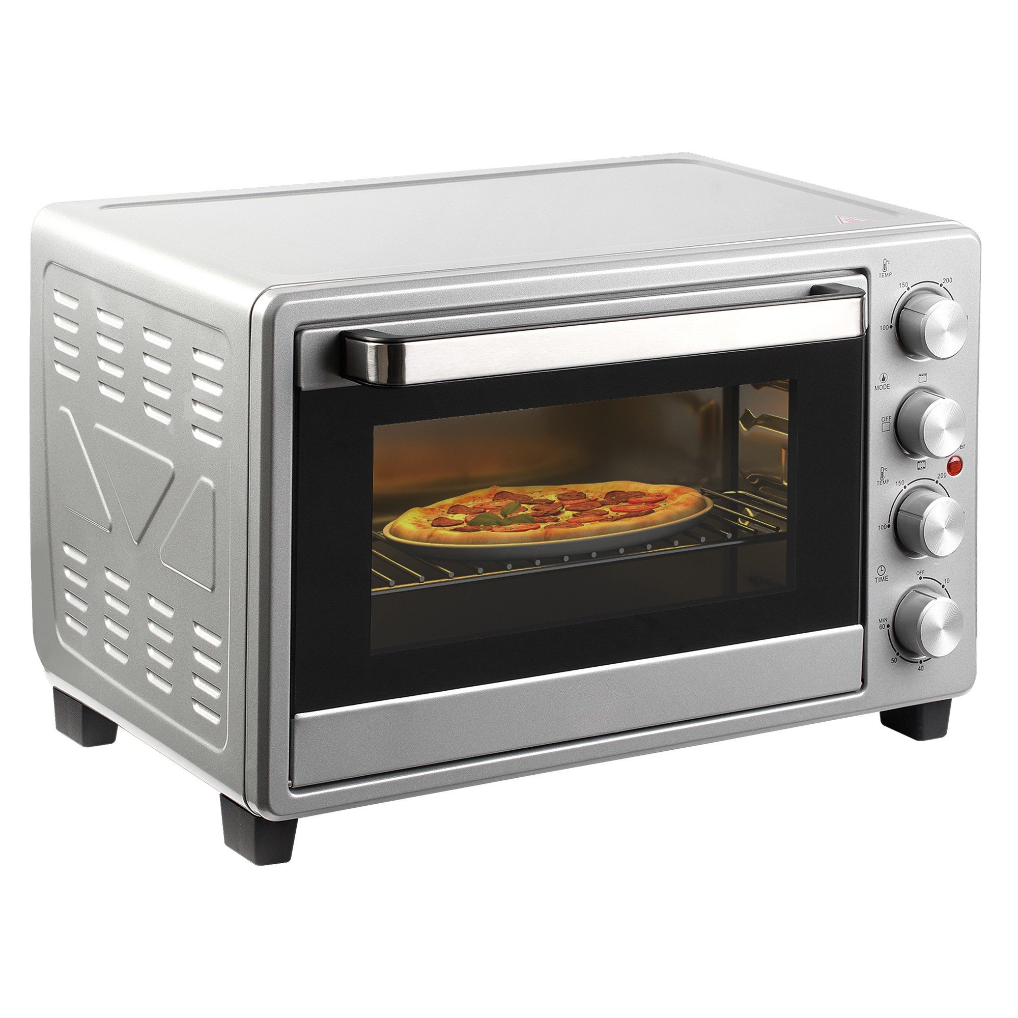 WHEELYOU Minibackofen Mini Ofen mit Backblech Krümelblech Grillrost, 32L 100 °C-230 °C 1600 W 3 Kochmodi mit Timer Backblech