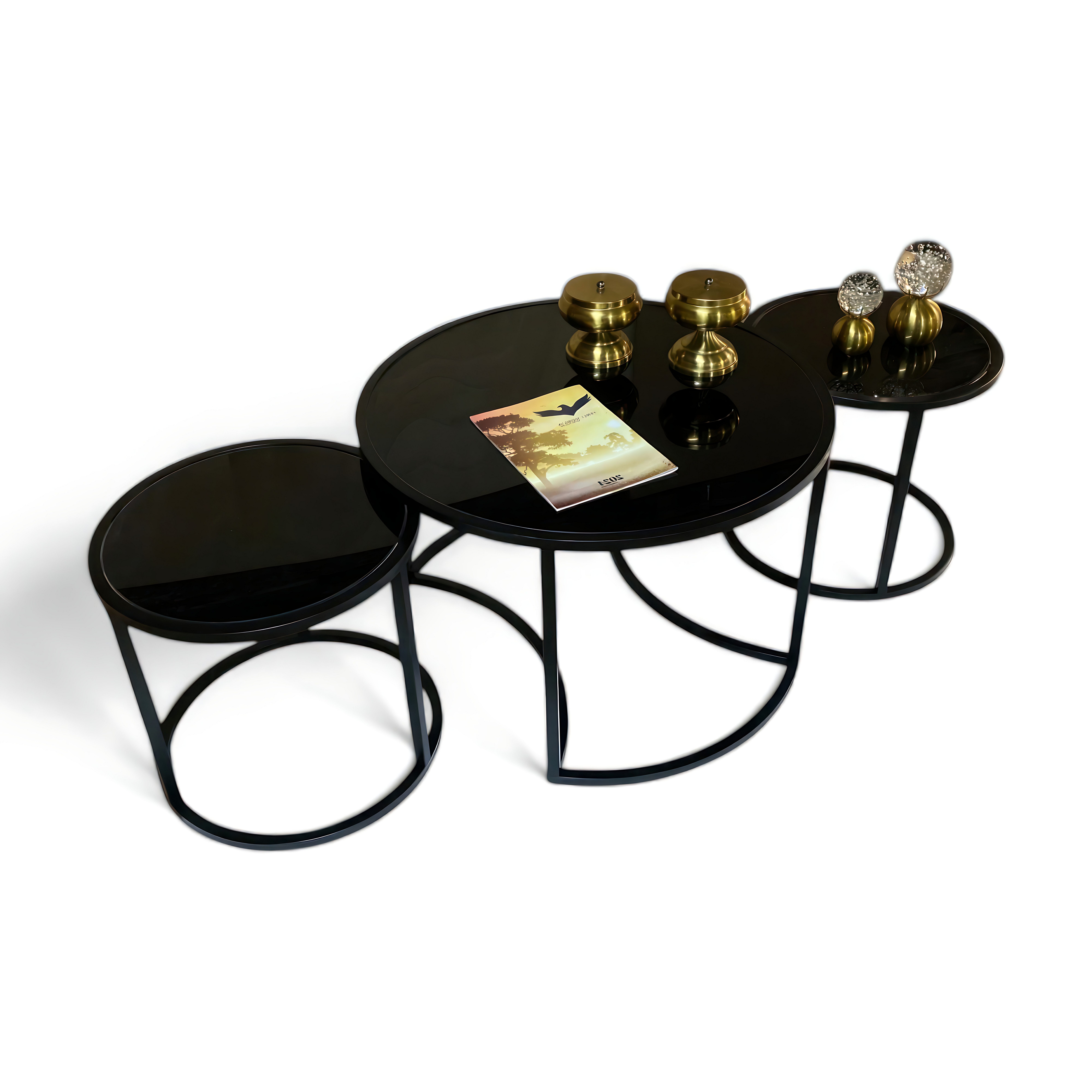 Xlmoebel Satztisch Elegantes Couchtisch-Set aus Glas und Edelstahl in Schwarz, Made in Europa