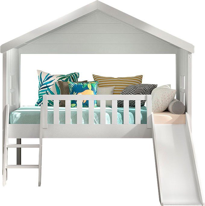 Vipack Hausbett Kiefer massiv weiß lackiert, Made in Europe, stabil gebaut (B/H/T ca. 213x201,8cm, wahlweise mit und ohne Rutsche), mit Leiter, seitliche Fenster, Rolllattenrost und Absturzschutz