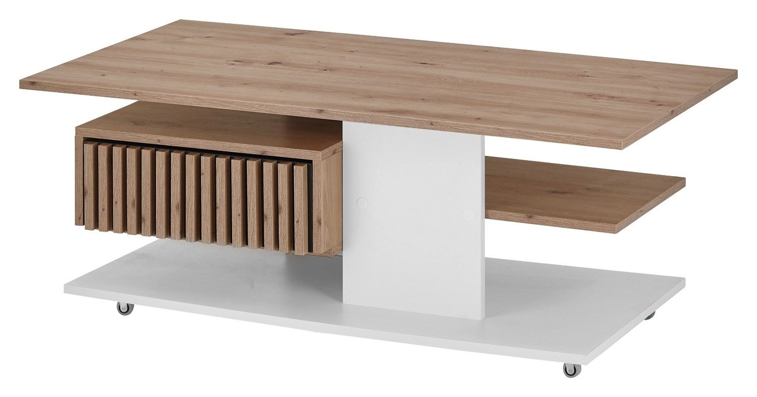 Stolkom Sp.z.o.o. Couchtisch ALLY, Viking Eiche Dekor, Weiß, mit Schublade, Rollen, Ablageflächen, B 110 x H 38 x T 60 cm