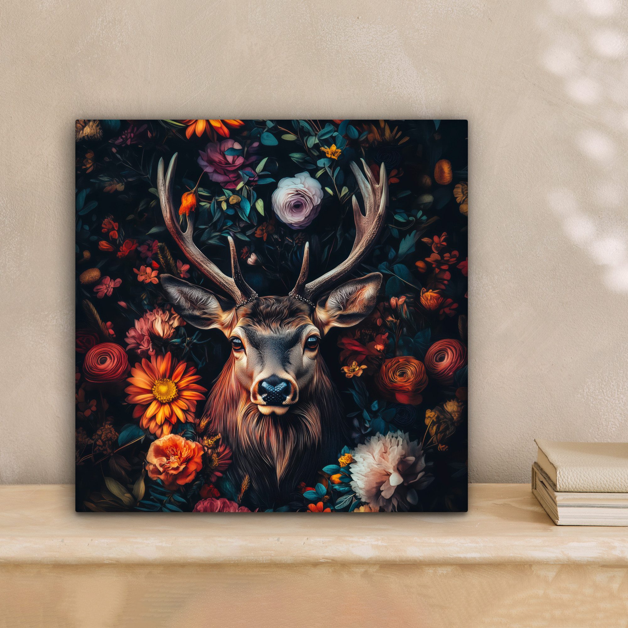 OneMillionCanvasses® Leinwandbild Hirsch - Tierporträt - Blumen - Natur - H günstig online kaufen
