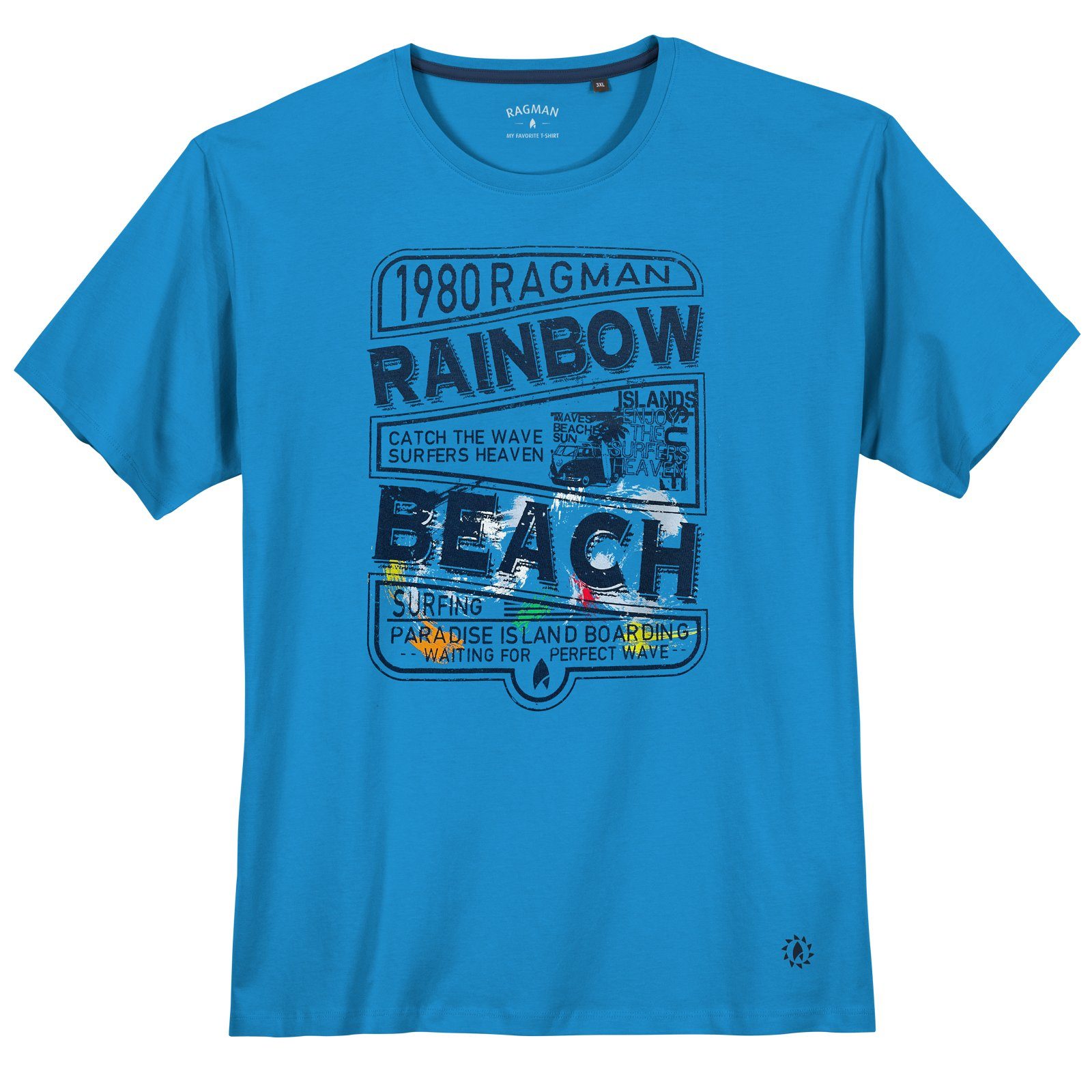 RAGMAN Rundhalsshirt Große Größen Herren T-Shirt azurblau Print Rainbow Beach Ragman