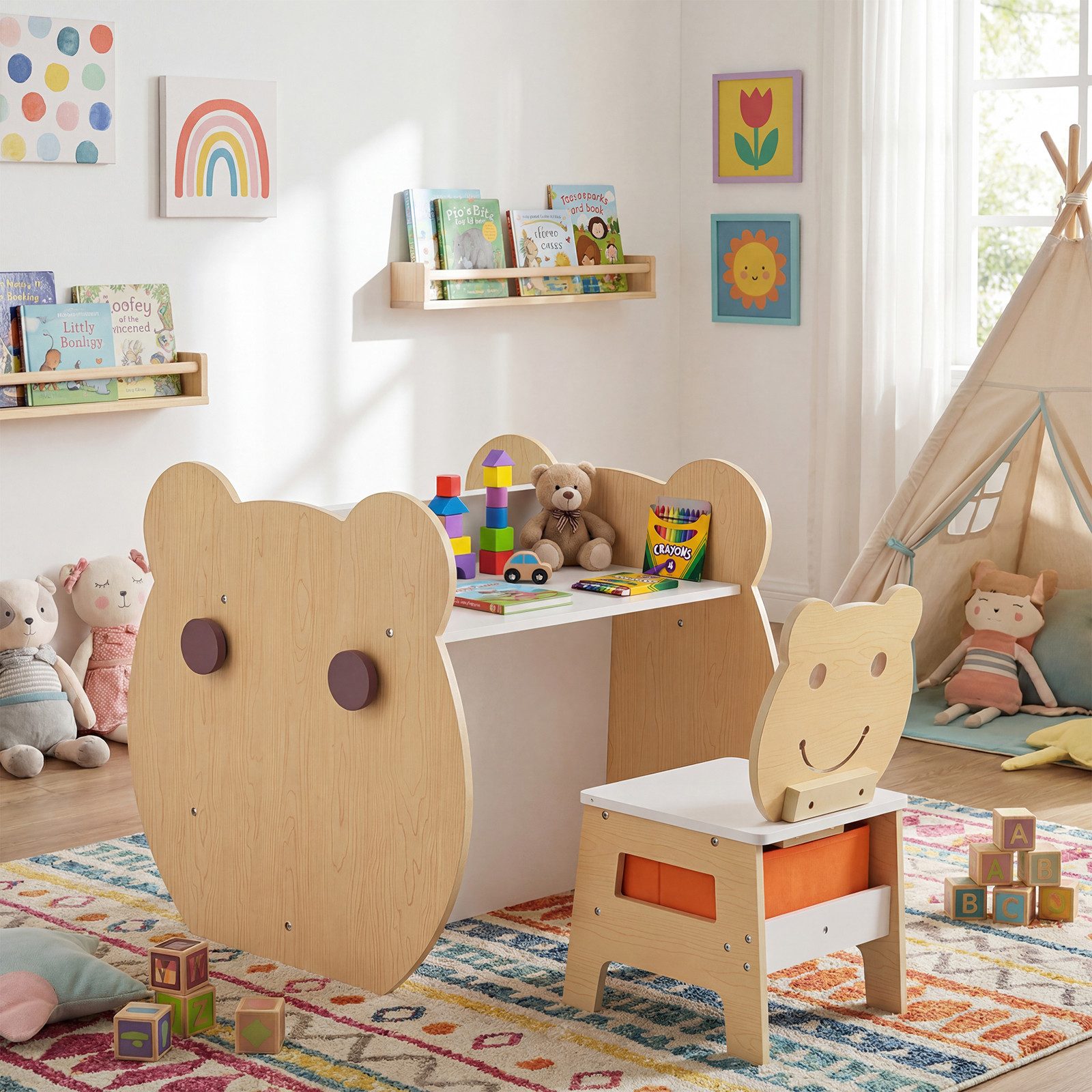 COSTWAY Kindertisch, 3 in 1 mit Stuhl in Bärenform, Maltisch mit Whiteboard