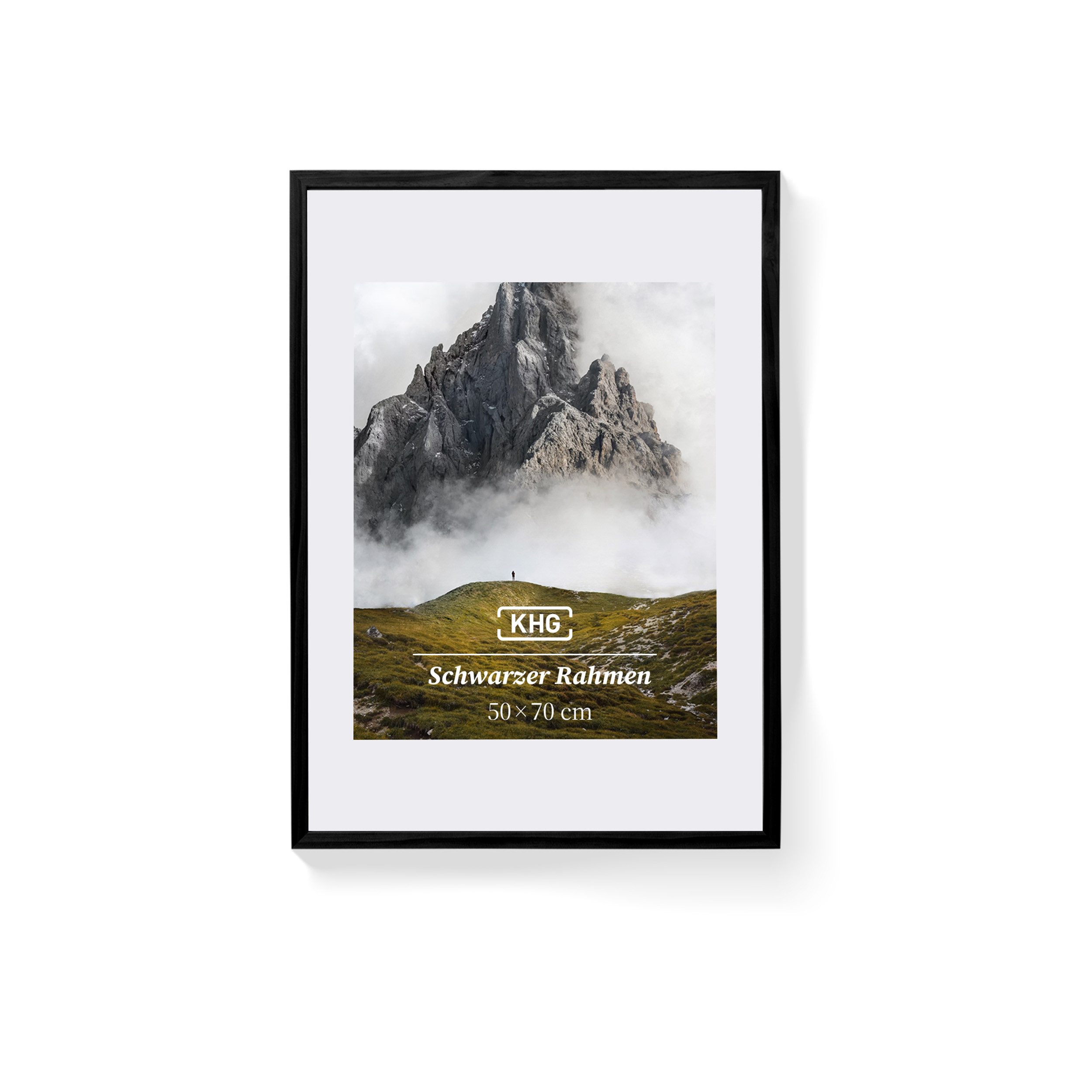 KHG Bilderrahmen 50x70 cm Schwarz, für 1 Bilder (stabile Glasfront, MDF-Holz-Rahmen foliert & Passepartout, 1 St), Premium-Rahmen für Fotos, Poster, Zertifikate & Collagen