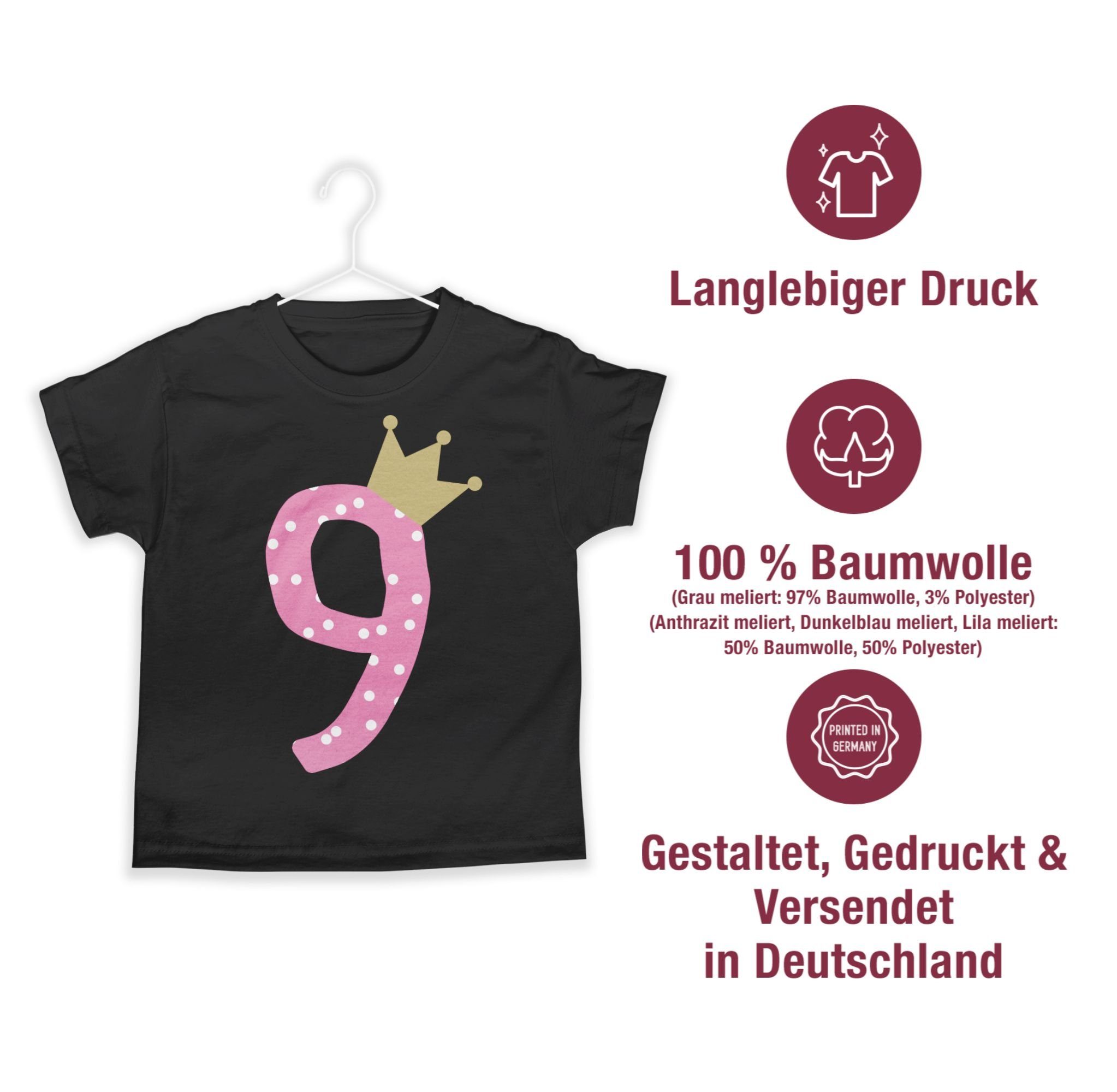 Krone 9. 3 T-Shirt Neun Shirtracer Geburtstag Schwarz Mädchen Neunter