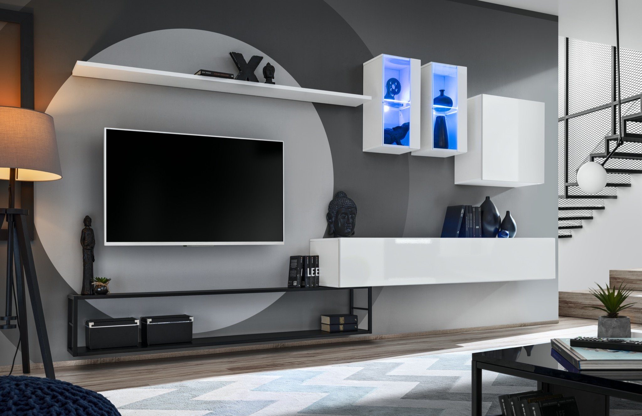 JVmoebel Wohnwand Weiß Wohnwand Designer Luxus Wohnzimmermöbel TV-Ständer Wandschrank, (6-St., TV Ständer + 3x Wandschrank + 2x Wandregal), LED beleuchtet