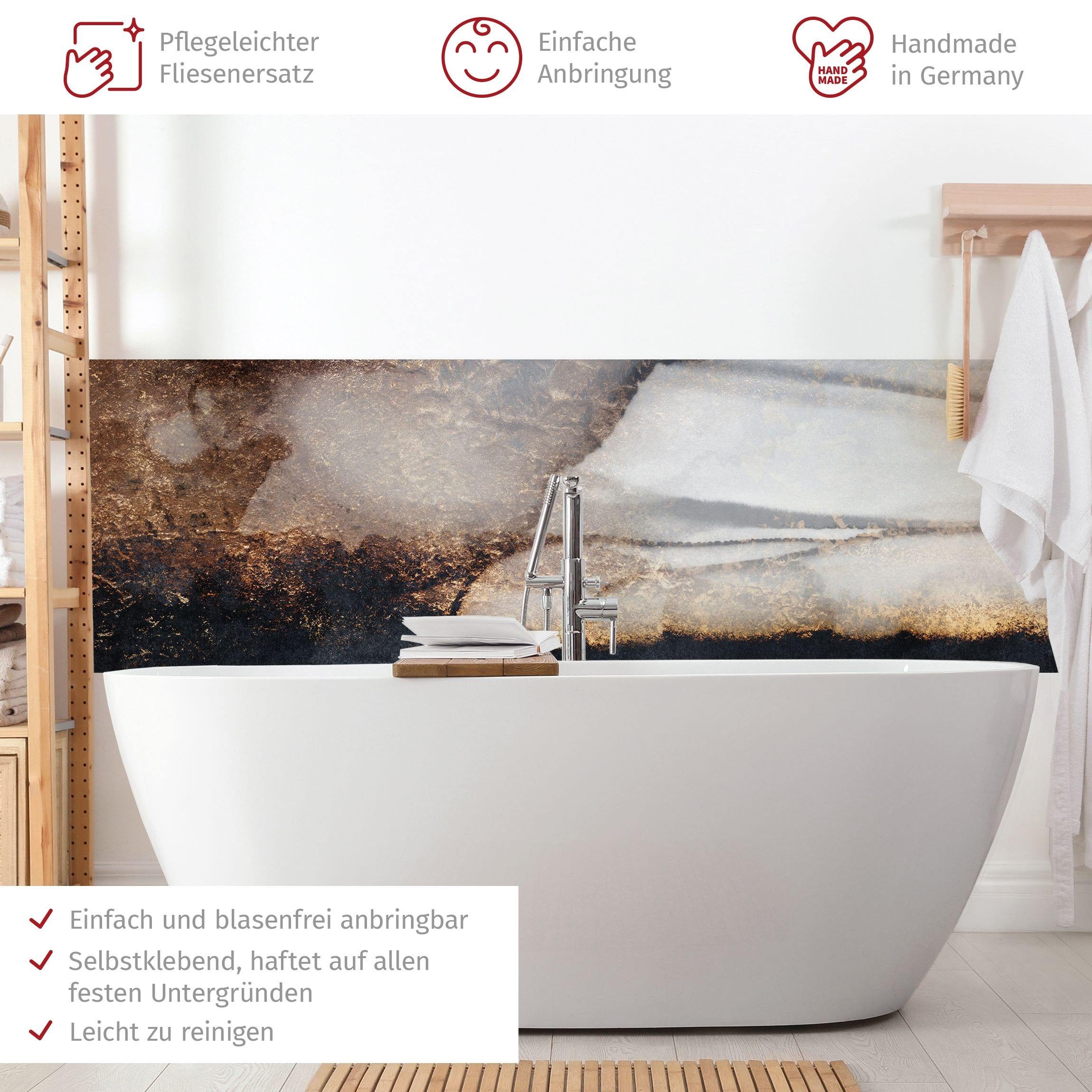 Bilderdepot24 Badrückwand schwarz fugenlose Wandverkleidung Bad Abstrakt, (Hartfolie matt » Selbstklebend SMART 0,35 mm), wasserfestes Wandpaneel Goldener Marmor gemalt