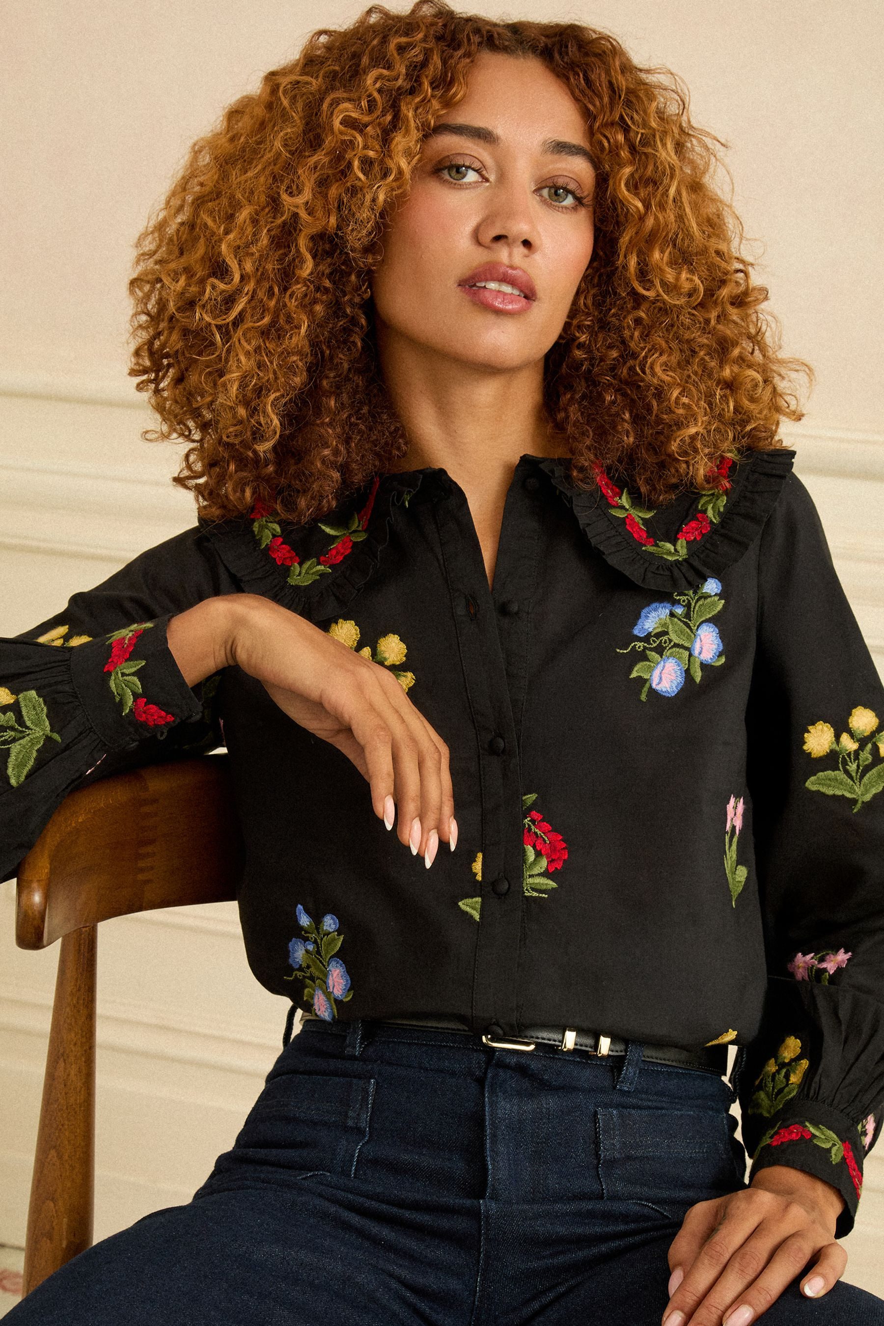 Love & Roses Langarmbluse Love & Roses Bluse mit Blumenstickerei, Regular (1-tlg)