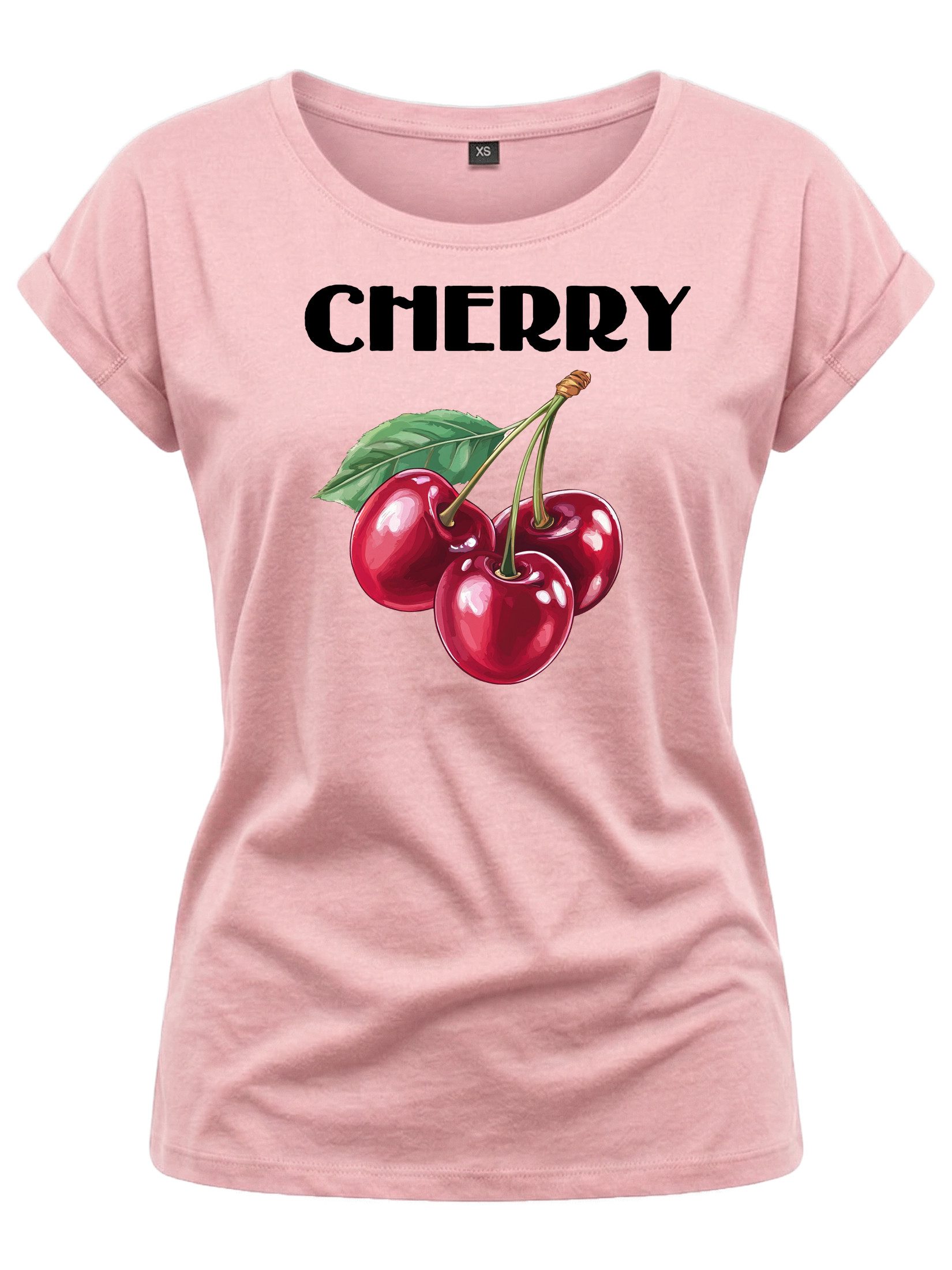 Kurzarmshirt Damen Sommer Shirt mit Aufdruck Kirschen Luftig Elegant Sportlich