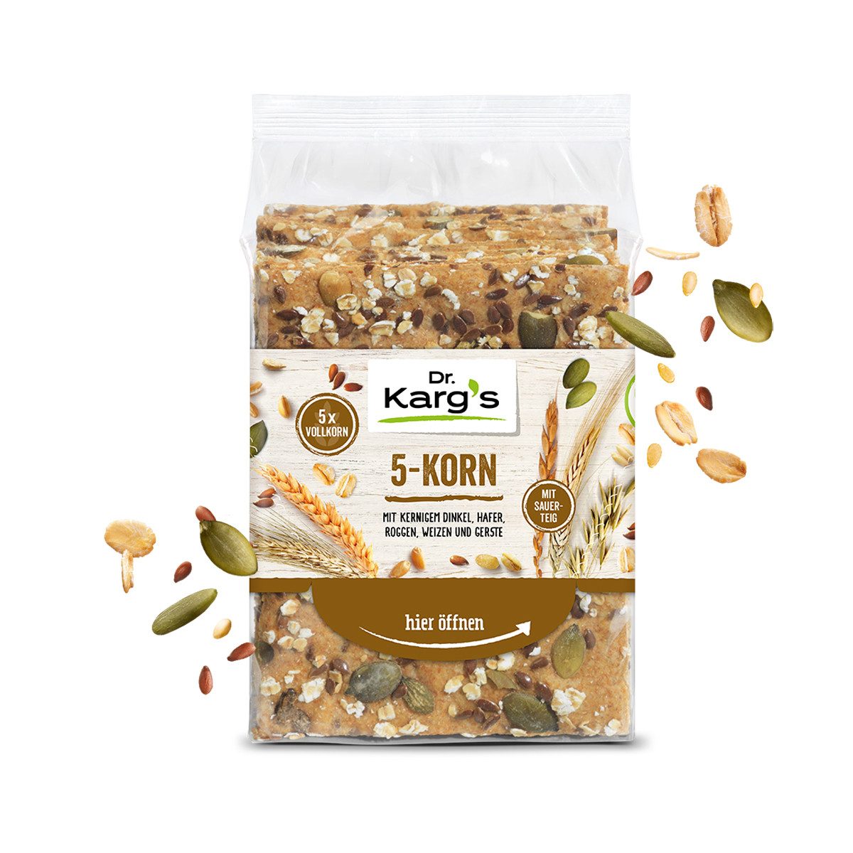 Dr. Kargs Brot, Dr. Kargs 5 Korn Knäcke mit Dinkel Hafer Roggen Weizen und Gerste 200g