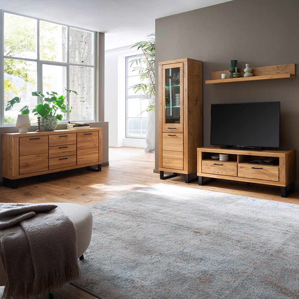 Lomadox Wohnzimmer-Set KUMASI-06, (Mega-Spar-Set, 4-St., Lowboard Sideboard Vitrine Wandregal), in Eiche teilmassiv, inkl. LED-Beleuchtung, Metallgriffe & -füße