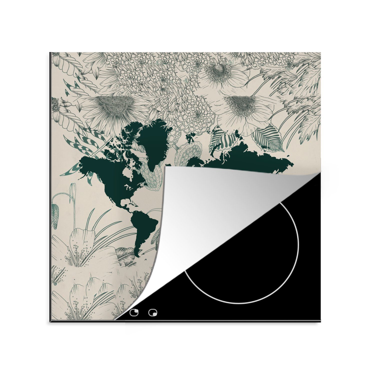 MuchoWow Herdblende-/Abdeckplatte Weltkarte (1 Blumen - cm, für tlg), Pflanzen, 78x78 küche Arbeitsplatte - Ceranfeldabdeckung, Vinyl