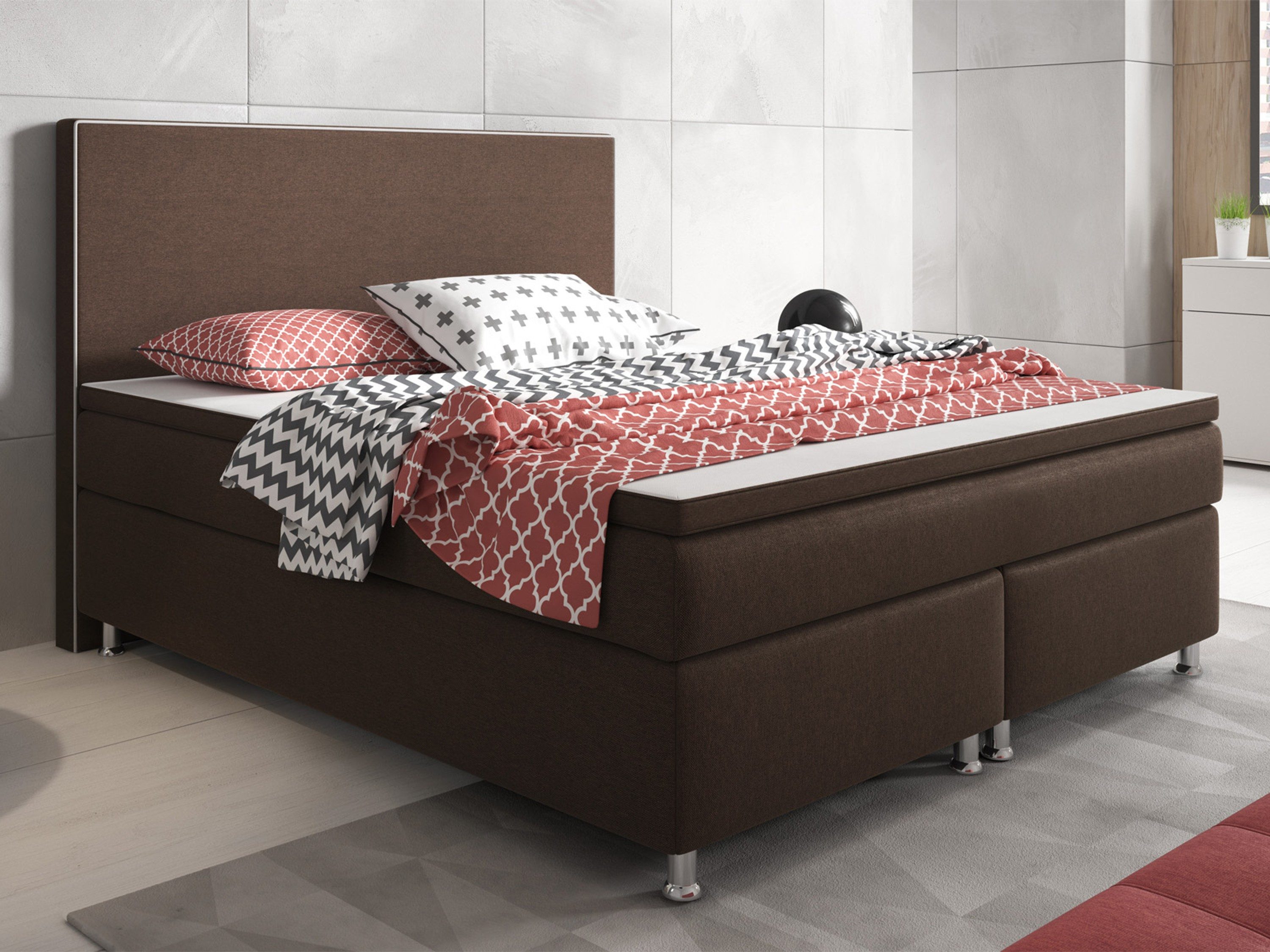 inter Boxspringbett King Size Webstoff mit 7 Zonen Taschenfederkernmatratze und Topper (180x200 cm, Braun mit 7 Zonen Taschenfederkernmatratzen und Topper), Taschenfederkern-Komfort, gepolstertes Kopfteil, inklusive Matratzen