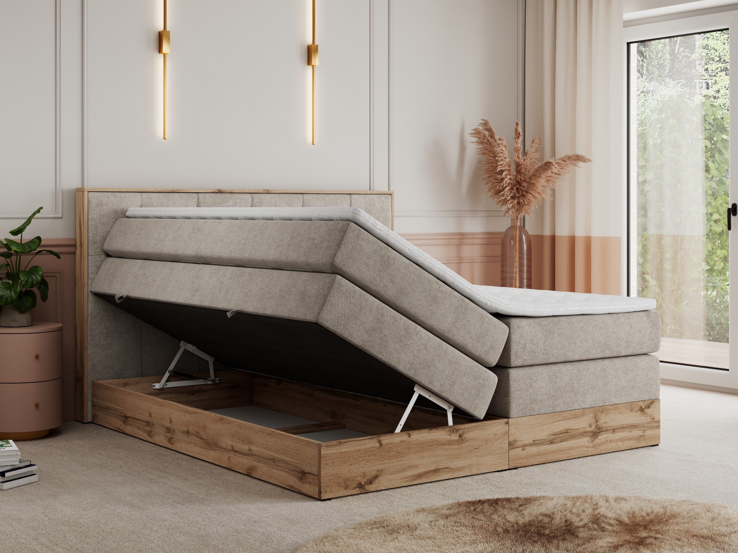 MKS MÖBEL Boxspringbett VENETO KING (Doppelbett, Multipocket-Matratzen, Topper T25/Visco, T30-Schaum), zwei Bettkästen und Rahmen in Eichen-Optik, Schlafzimmer, Polsterbett