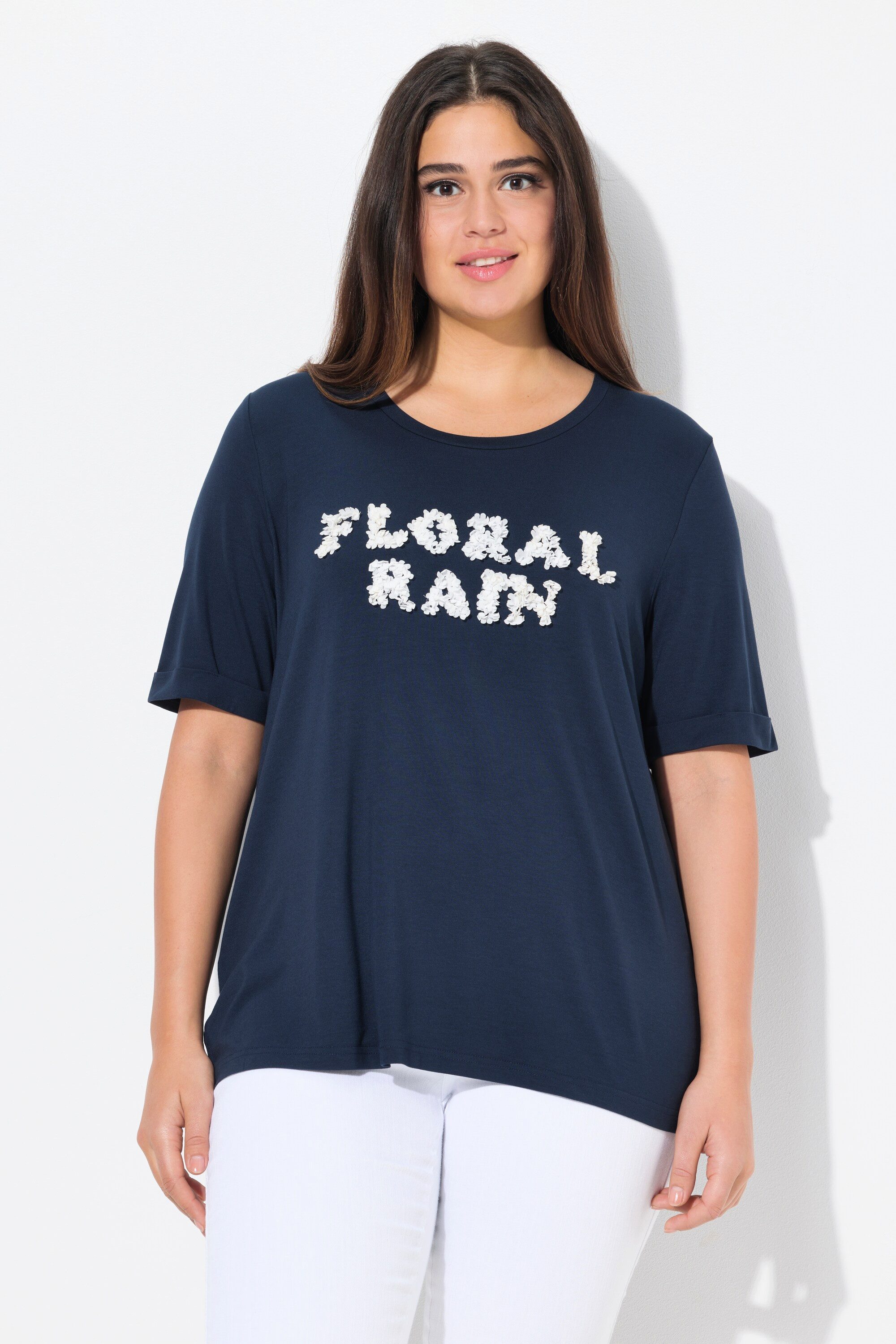 Ulla Popken T-Shirt T-Shirt 3D Floral Rain Classic Rundhals Halbarm