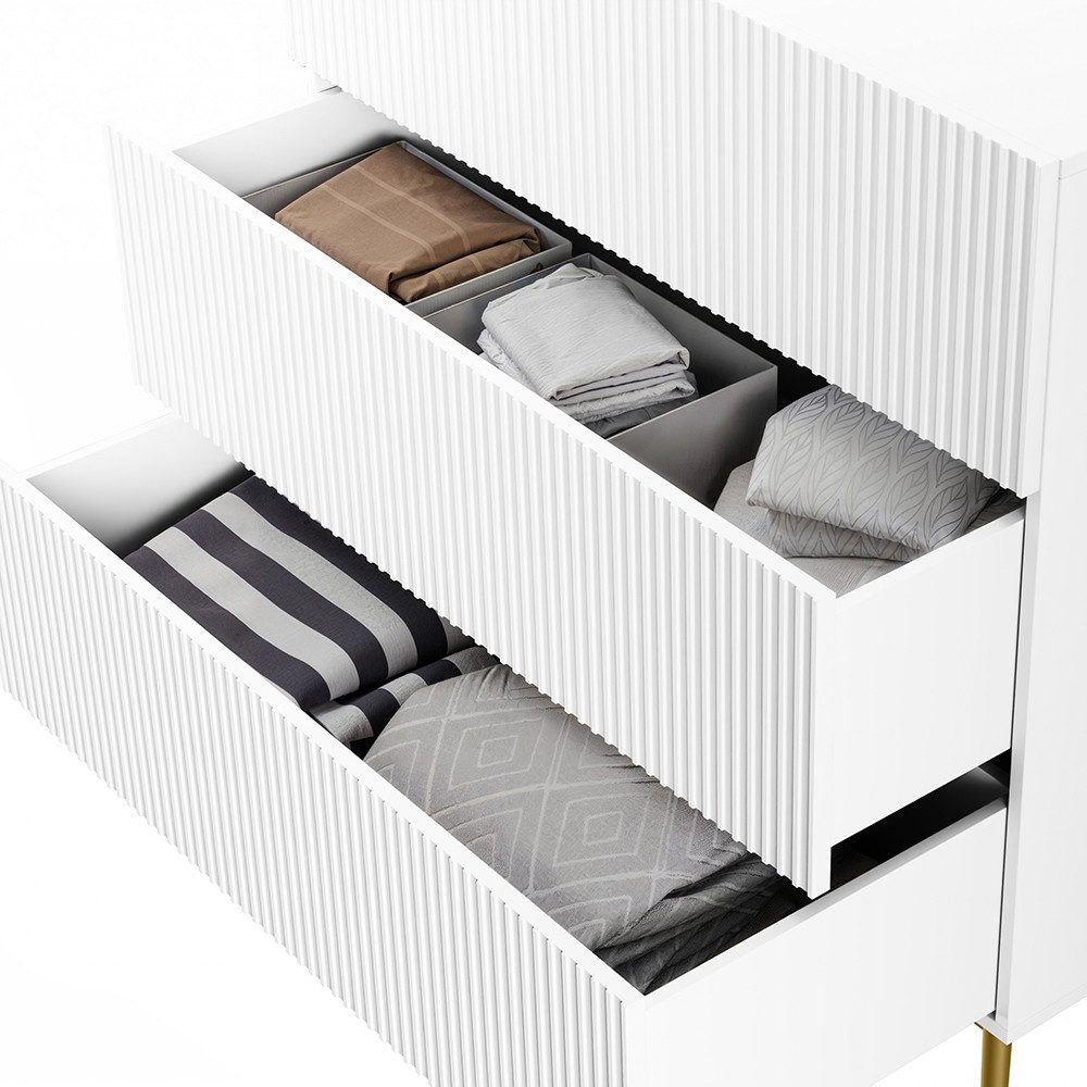 Lomadox Kommode NAVASOTA-141, 100 cm breit, weiß matt mit goldenen Beinen, 3 Schubladen
