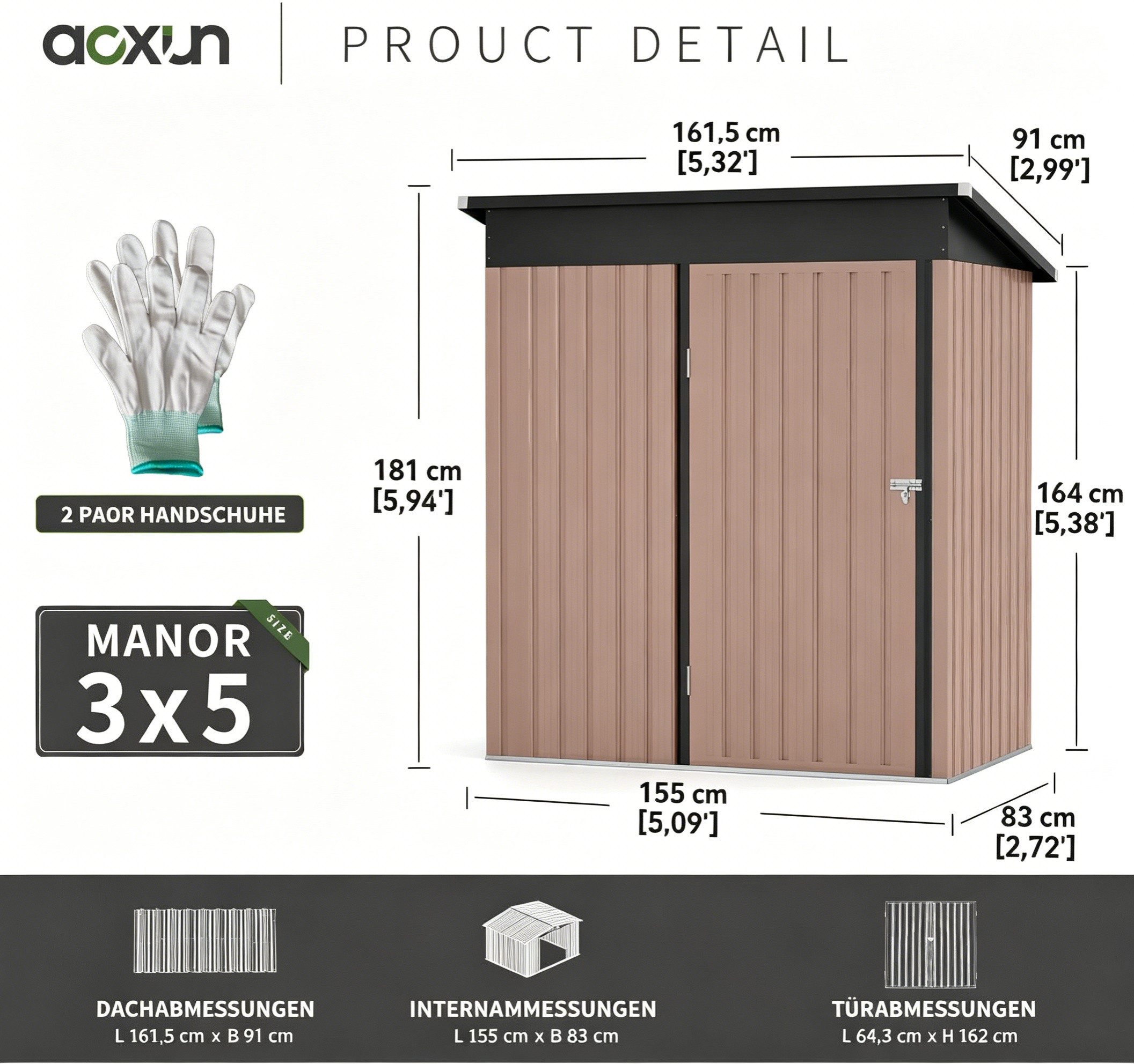 AOXUN Gerätehaus aus verzinktem Metall mit Einzeltür & Schrägdach, 150 × 90,5 × 185 cm, BxT: 150x90.5 cm, (1 St)
