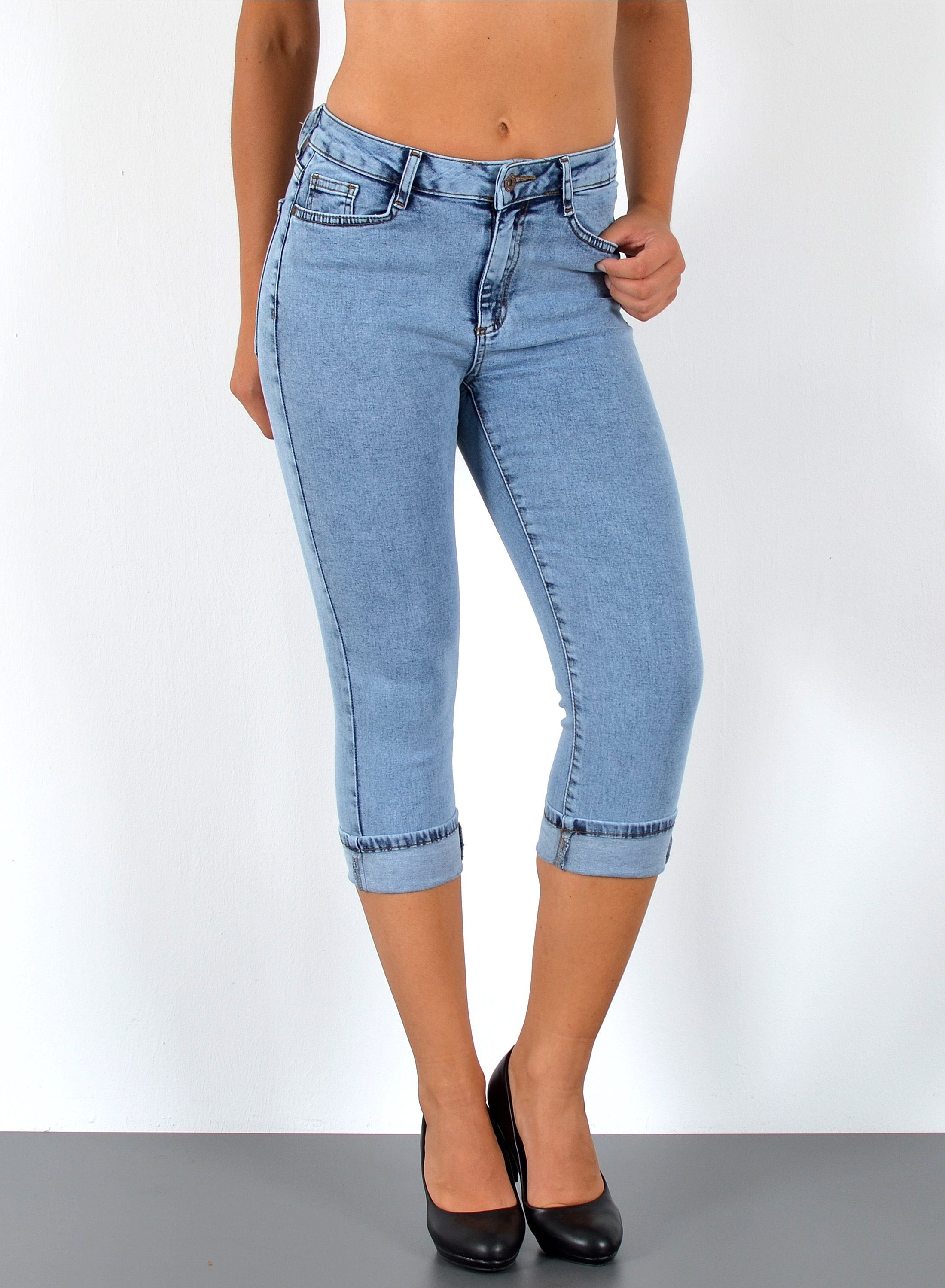 ESRA Caprijeans High Waist Capri Jeans Damen bis Übergröße Plus Size Große Größe C15 High Waist Capri Jeans Damen Stretch 3/4 Jeans Shorts Damen Capri Hose