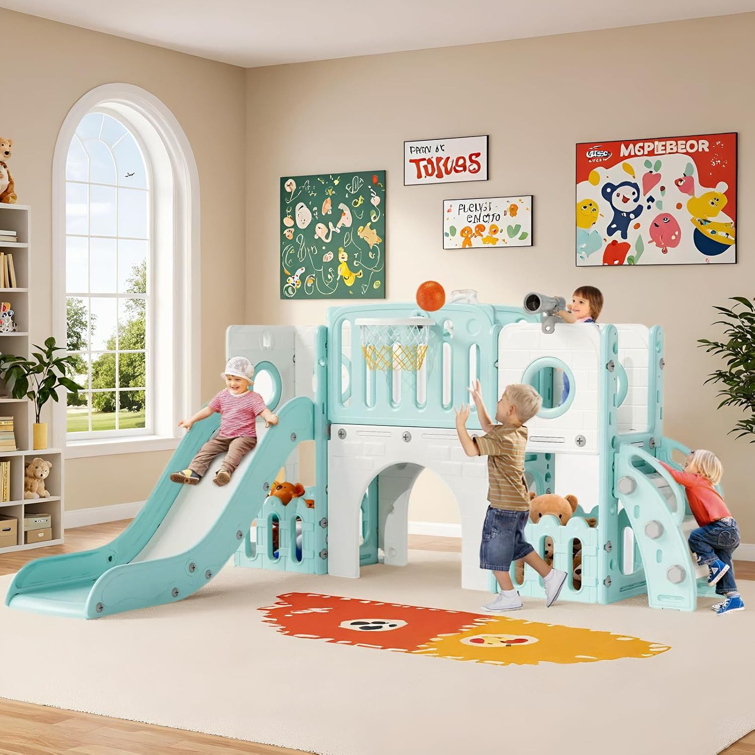 TLGREEN Rutsche, 9 in 1 Kinderrutsche, Kinder Rutsche mit Klettergerüst, (Indoor & Outdoor Rutsche mit Basketballkorb und Teleskop, Tunnel, Stauraum, Gartenrutsche, Kinder Spielplatz, mit 2PCS Moduls), Outdoor-Spaß für Kinder