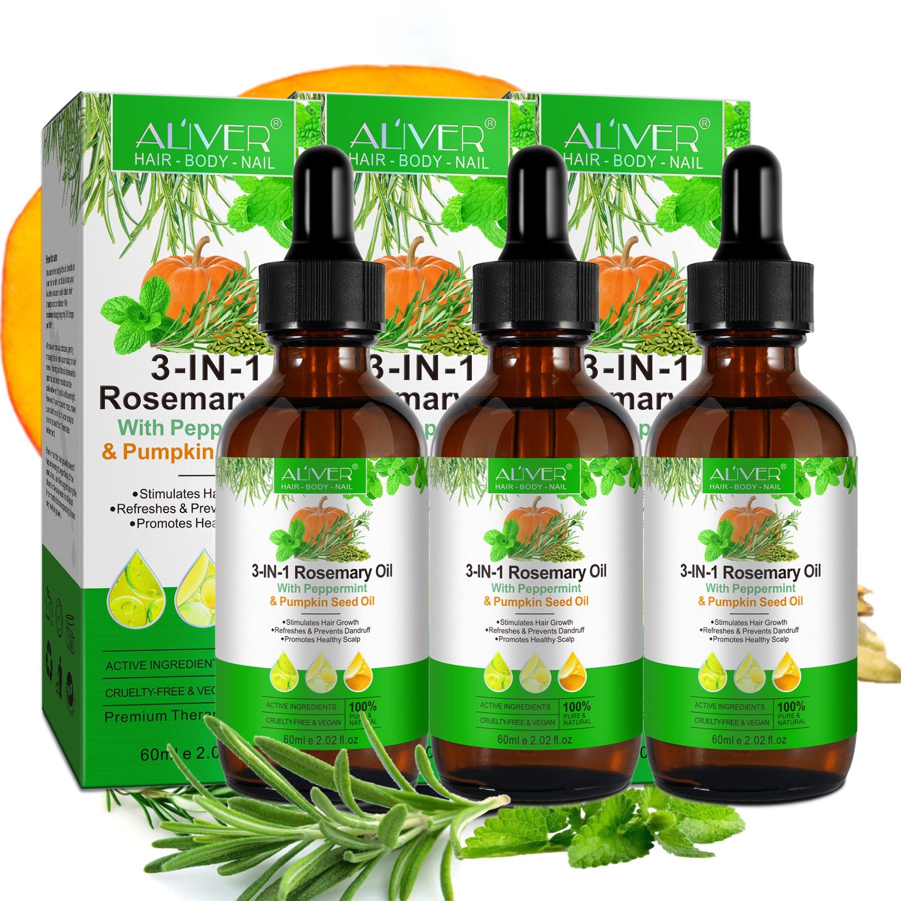ALIVER Haaröl 3-in-1 Rosmarinöl Ätherisches Pfefferminzöl Kürbiskernöl, 3-tlg., 3-in-1-Rosmarinöl mit Pfefferminzöl und Kürbiskernöl 60 ml