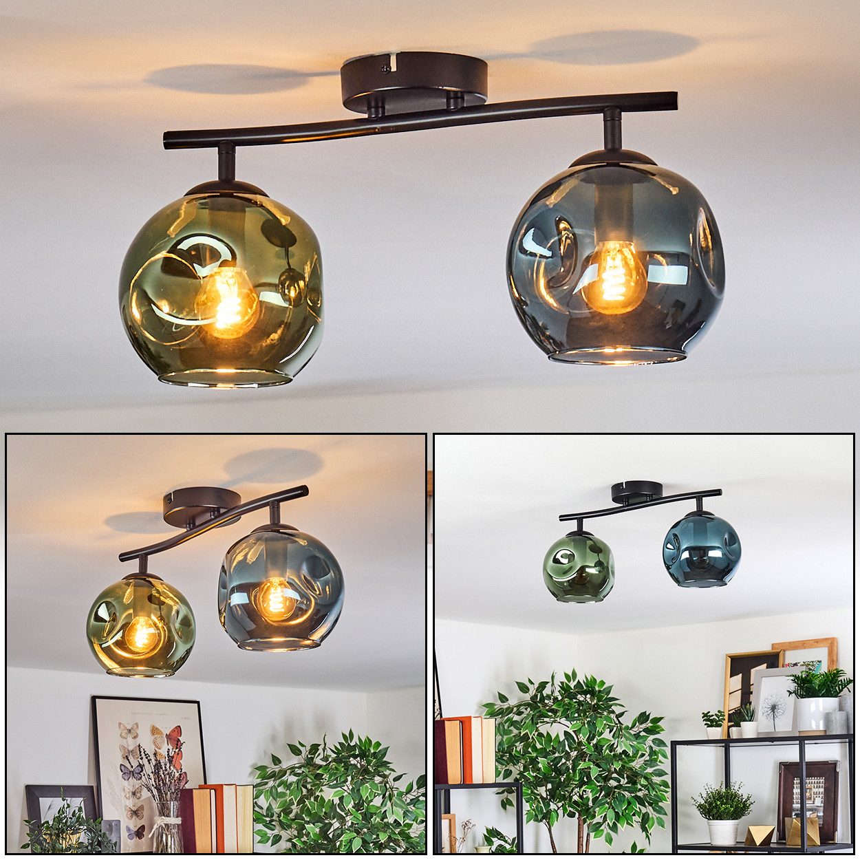 hofstein Deckenleuchte Deckenlampe aus Metall/Glas in Schwarz/Blau/Grün, ohne Leuchtmittel, Deckenleuchte im Retro/Vintage-Design (Schirme Ø 15 cm), 2 x E14