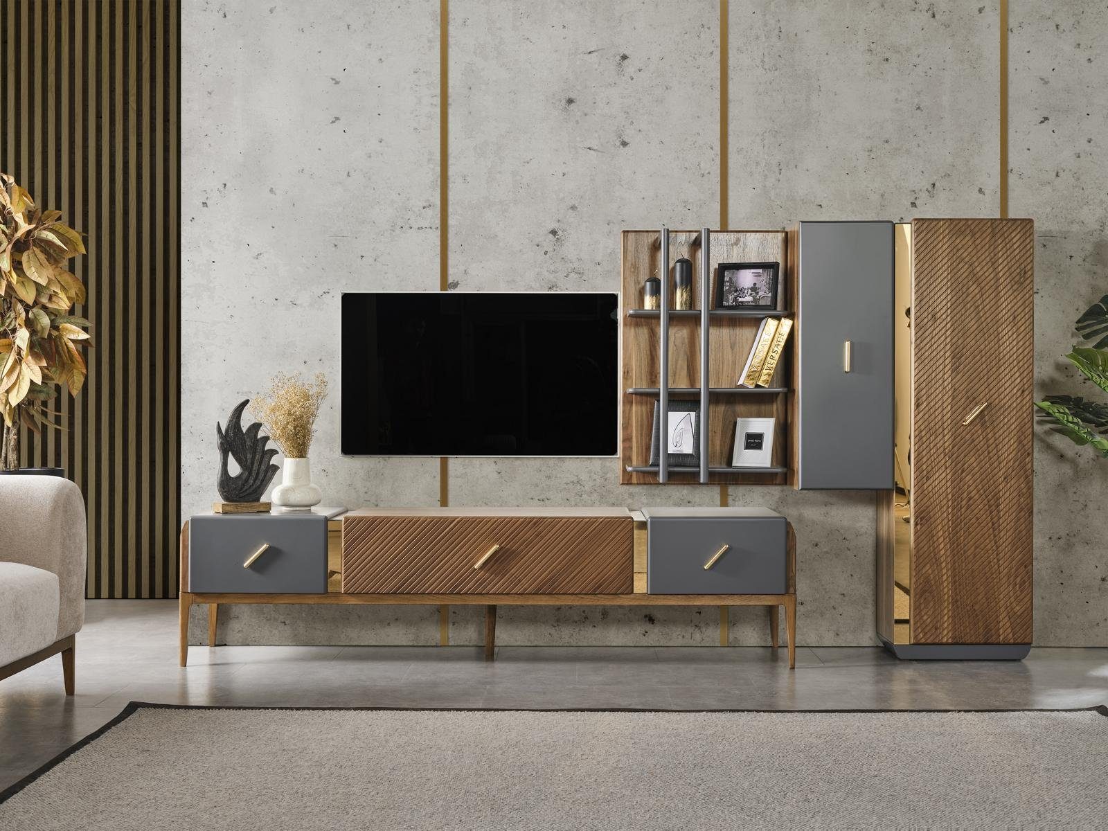 RTV (4-St., Schrank Wohnwand, + RTV Sideboard 2x Braun + Wohnwand Regale Garnitur JVmoebel Regale), Holz