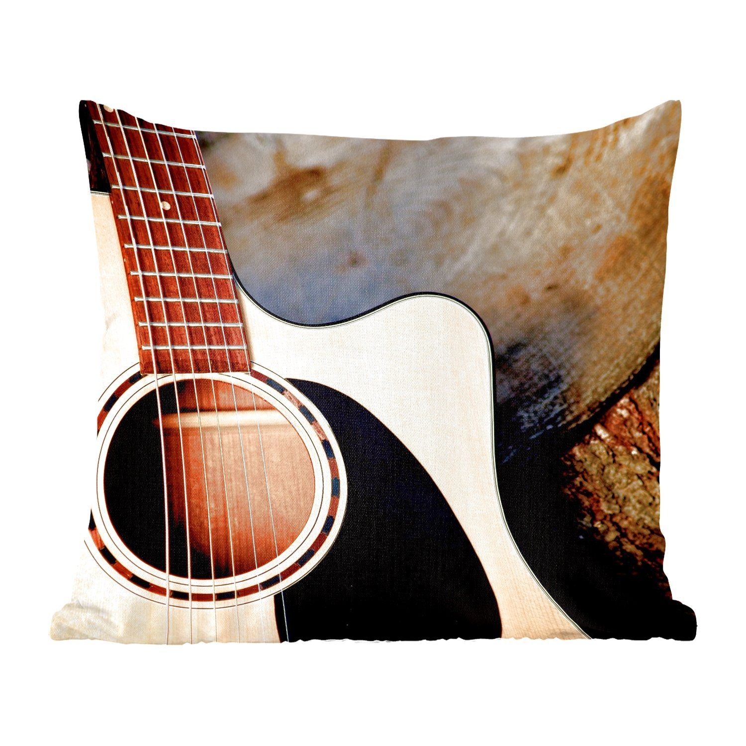 MuchoWow Dekokissen Eine akustische Gitarre auf einem Holzsockel, Zierkissen mit Füllung für Wohzimmer, Schlafzimmer, Deko, Sofakissen
