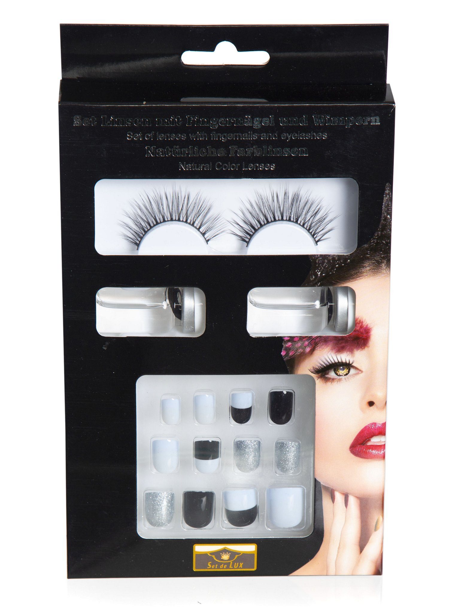 Kompaktes Make-up und Bandwimpern Set Wimpern, Schminkset Fingernägeln schwarz-silber, SFX Kontaktlinsen Metamorph mit