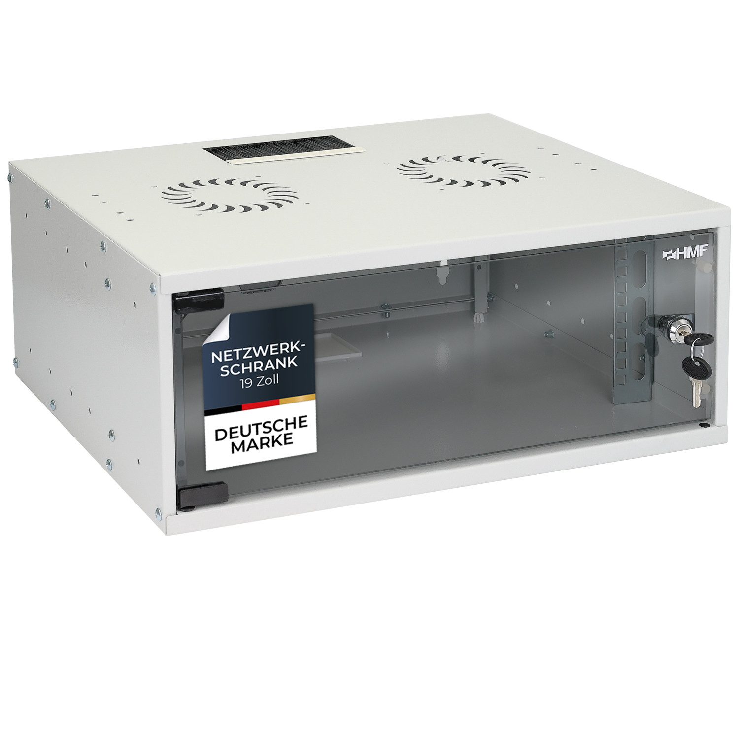 HMF Serverschrank Netzwerkschrank, Serverschrank 19 Zoll, 4 HE, 400 mm Tiefe, Glastür, Lichtgrau
