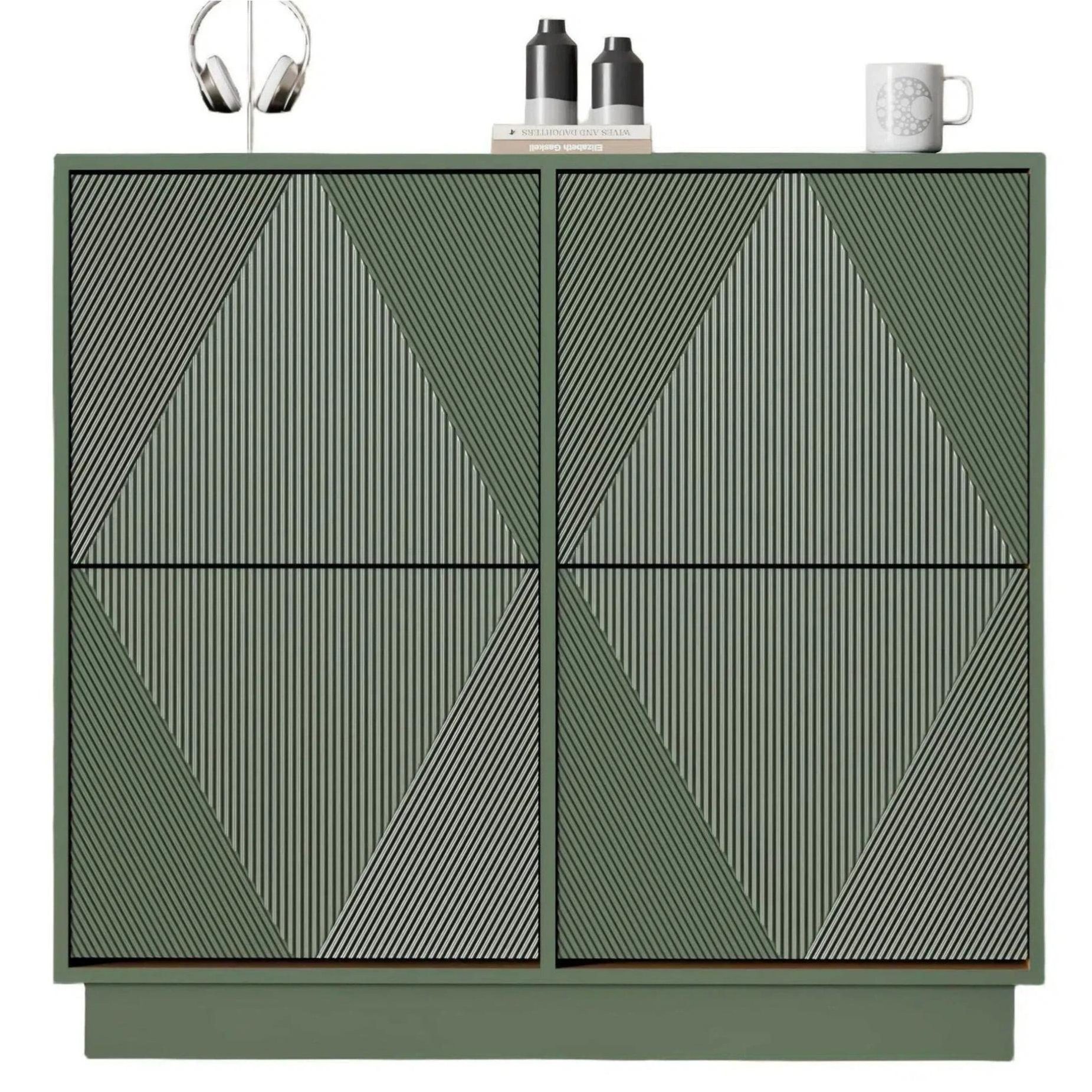 UEV Schuhschrank mit 4 Klappen schmal Schuhkommode mit Kippschutz Drucktüröffner (Packung, 99x24x91cm Moka/Grün) Drucktüröffner Verstellbare Trennwände für Verschiedene Schuhtypen