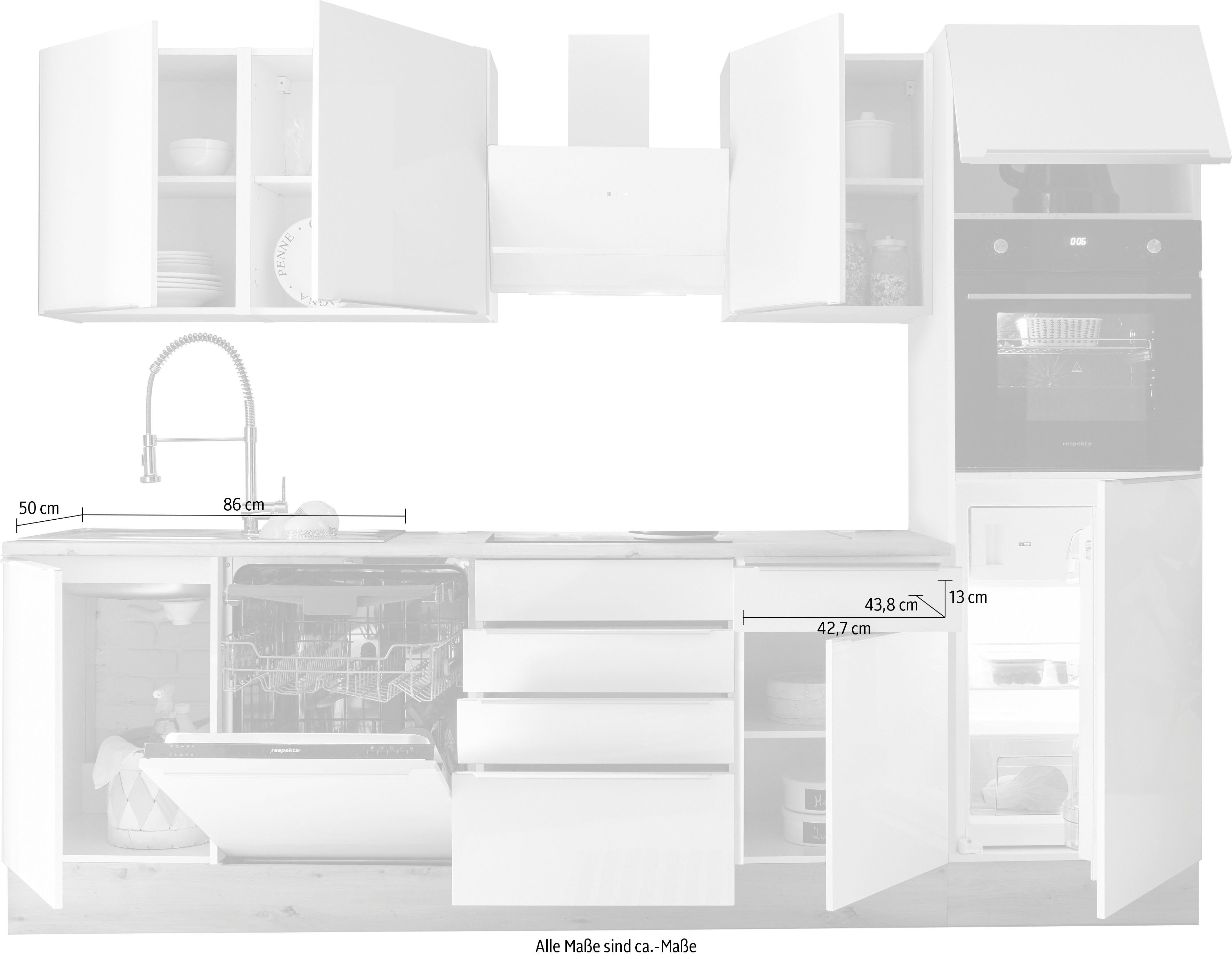 RESPEKTA Küchenzeile Safado hochwertige Soft der weiß Funktion, Ausstattung aus Close Marleen, | cm Hochglanz/weiß weiß wie Breite Serie 280