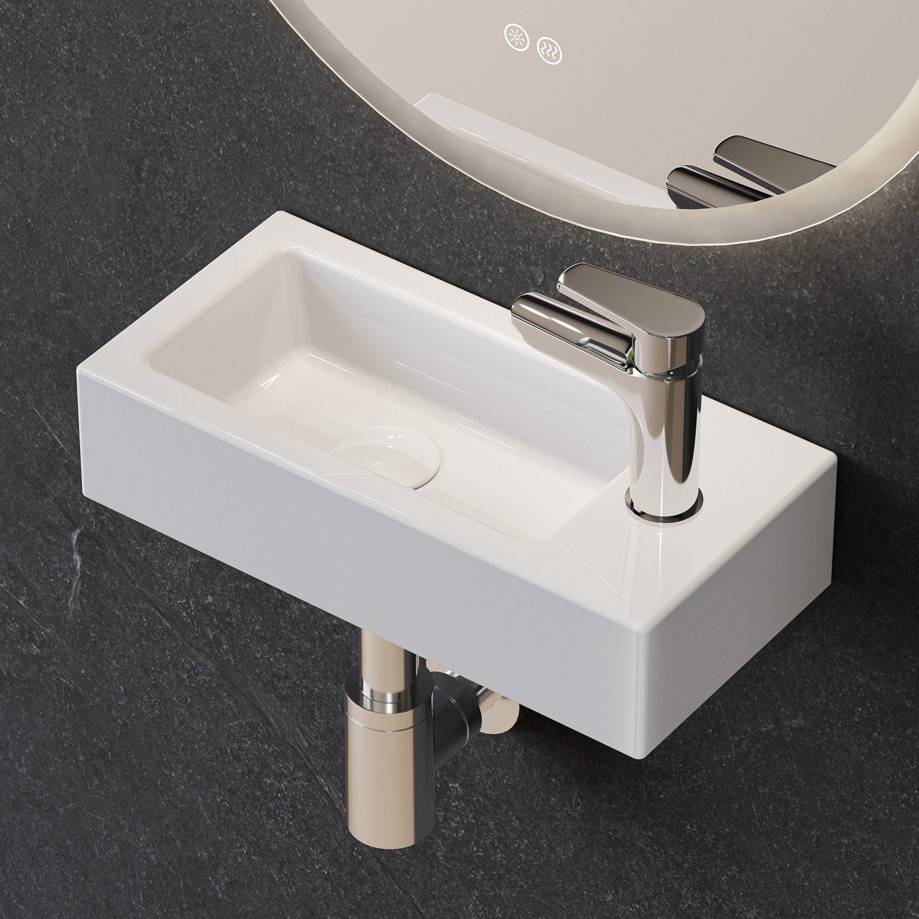 HOROW Waschbecken Mini Hänge-/Aufsatzwaschbecken mit Hahnloch für Bad /Gäste-WC (mit Hahnloch Rechts/Links, Eckig Weiß Waschbecken 37 x 18 x 9 cm), aus Keramik, einfach Montage