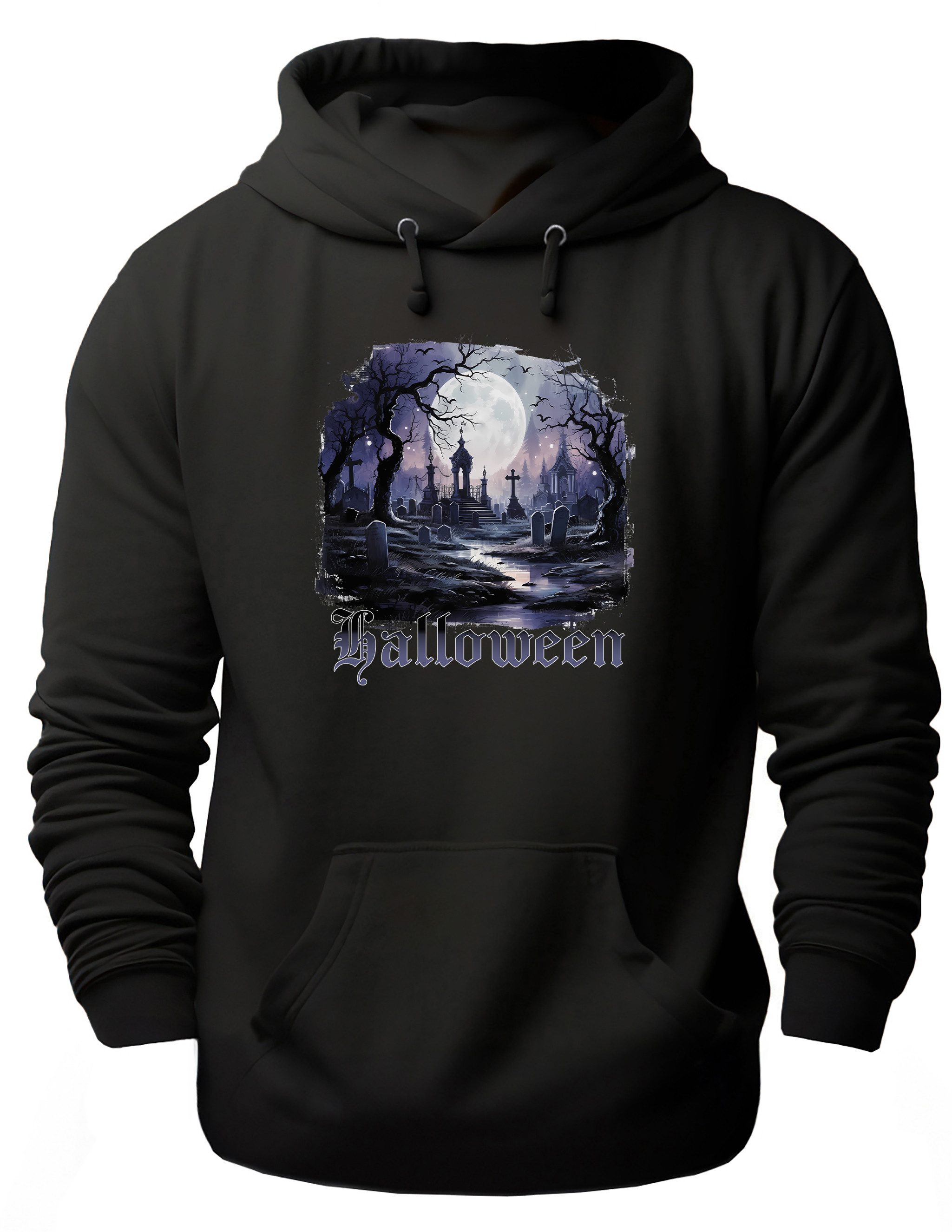 MyDesign24 Hoodie Halloween Kapuzen Pulli - Friedhof mit Fledermäusen Herren und Damen Kapuzensweater - Halloween Hoodie i404