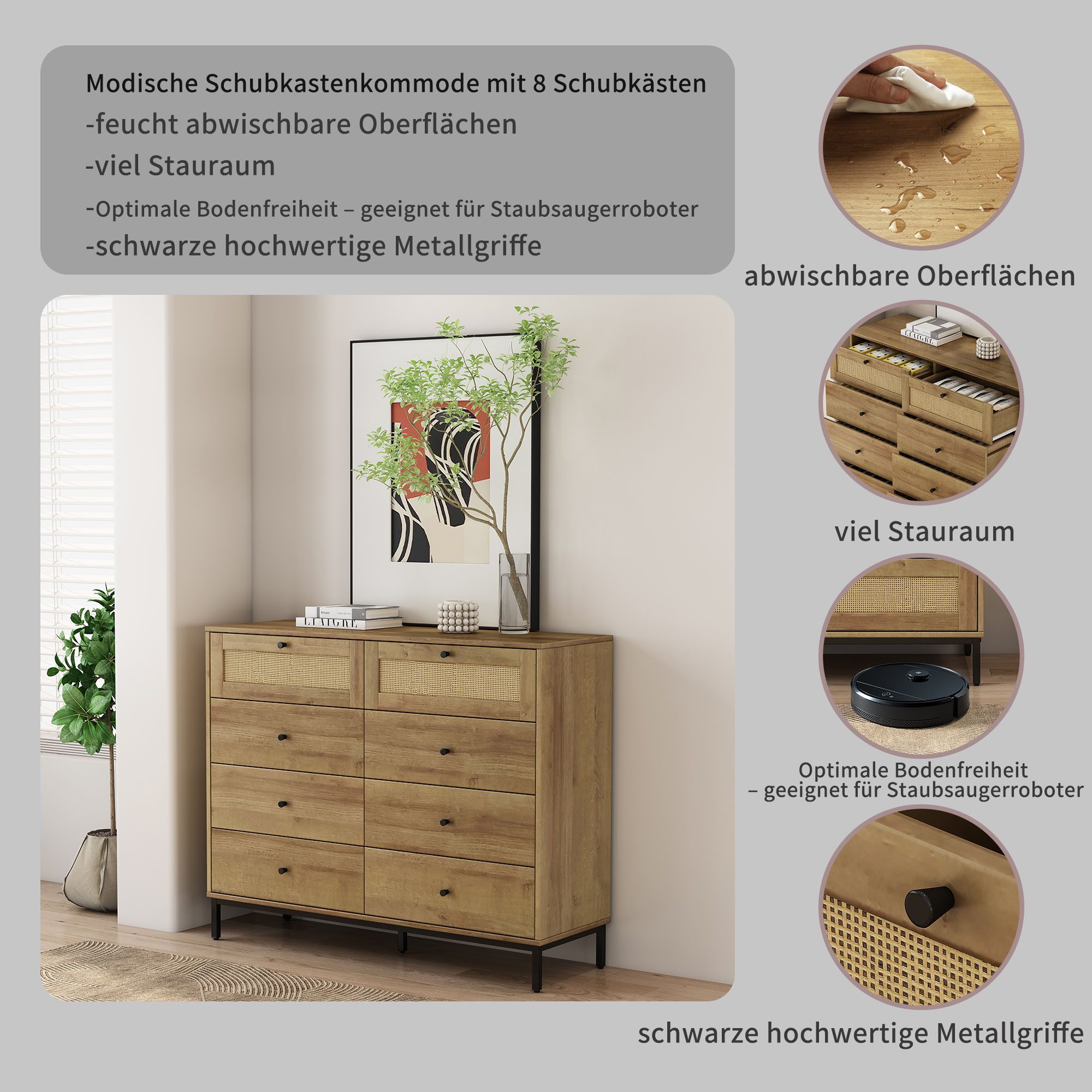OTTO home Kombikommode Motala Wäsche Schrank mit 8 Schubladen Sideboard BOHO Design (Eichen-Design mit schwarzen Griffen und Geflecht Schubladen), Kommode Schra – Bild 3 von 5