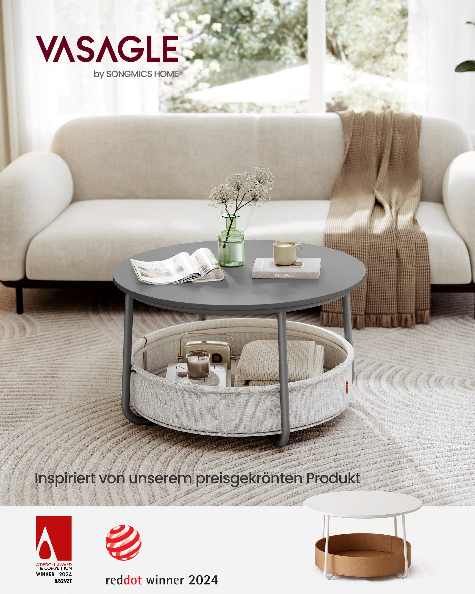 VASAGLE Couchtisch mit großem Stoffkorb, viel Stauraum, Sofatisch, Metallgestell (inkl. Zubehörpaket & Anleitung), Beistelltisch rund Wohnzimmertisch modern minimalistisch, ∅75 x 45 cm