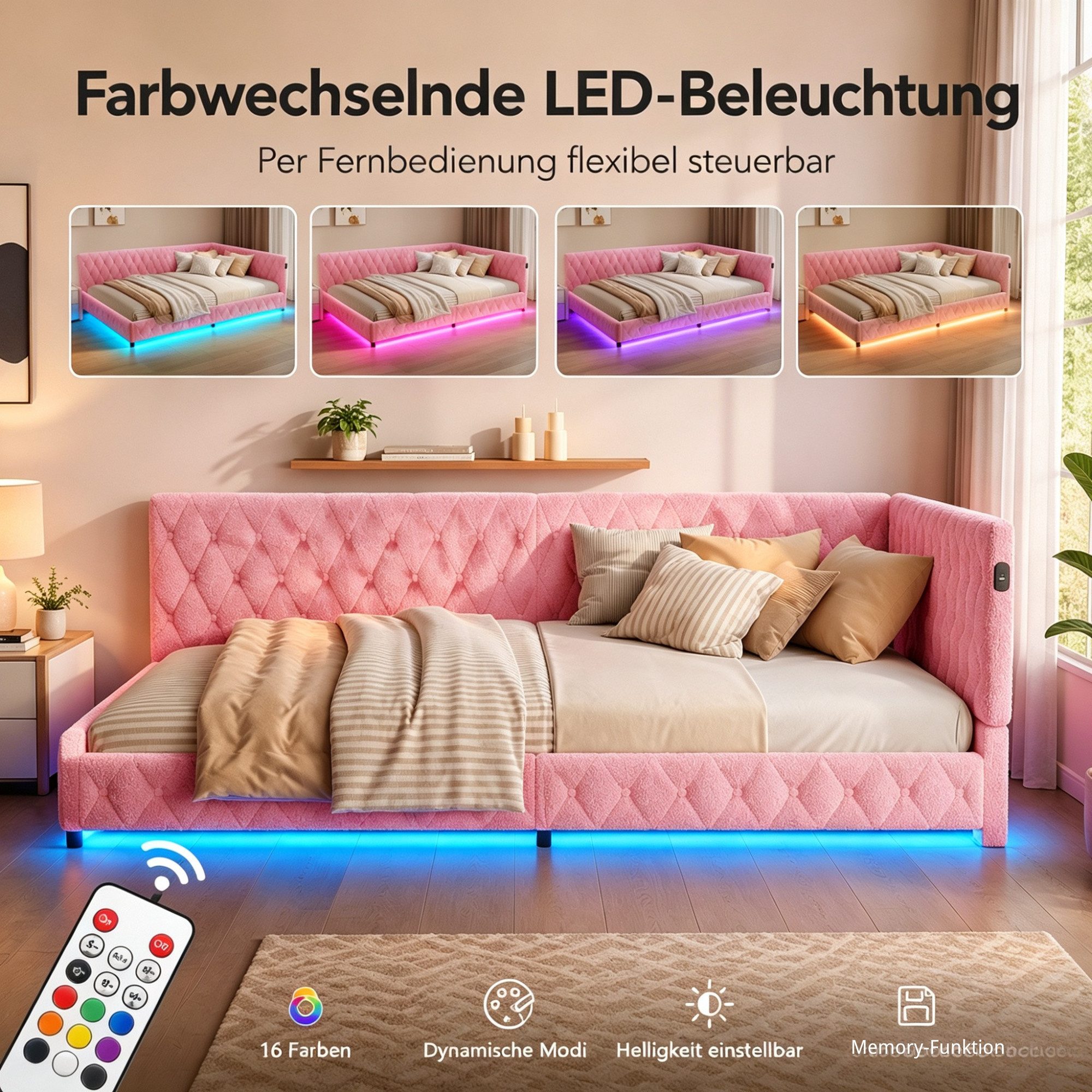 Simurq Polsterbett Daybett mit LED-Beleuchtung & USB, Tagesbett Jugendbett (Packung, 1-tlg., Teddysamt, in 2 Größen verfügbar), Schlafsofa Sofabett Doppelbett – Bild 5 von 5
